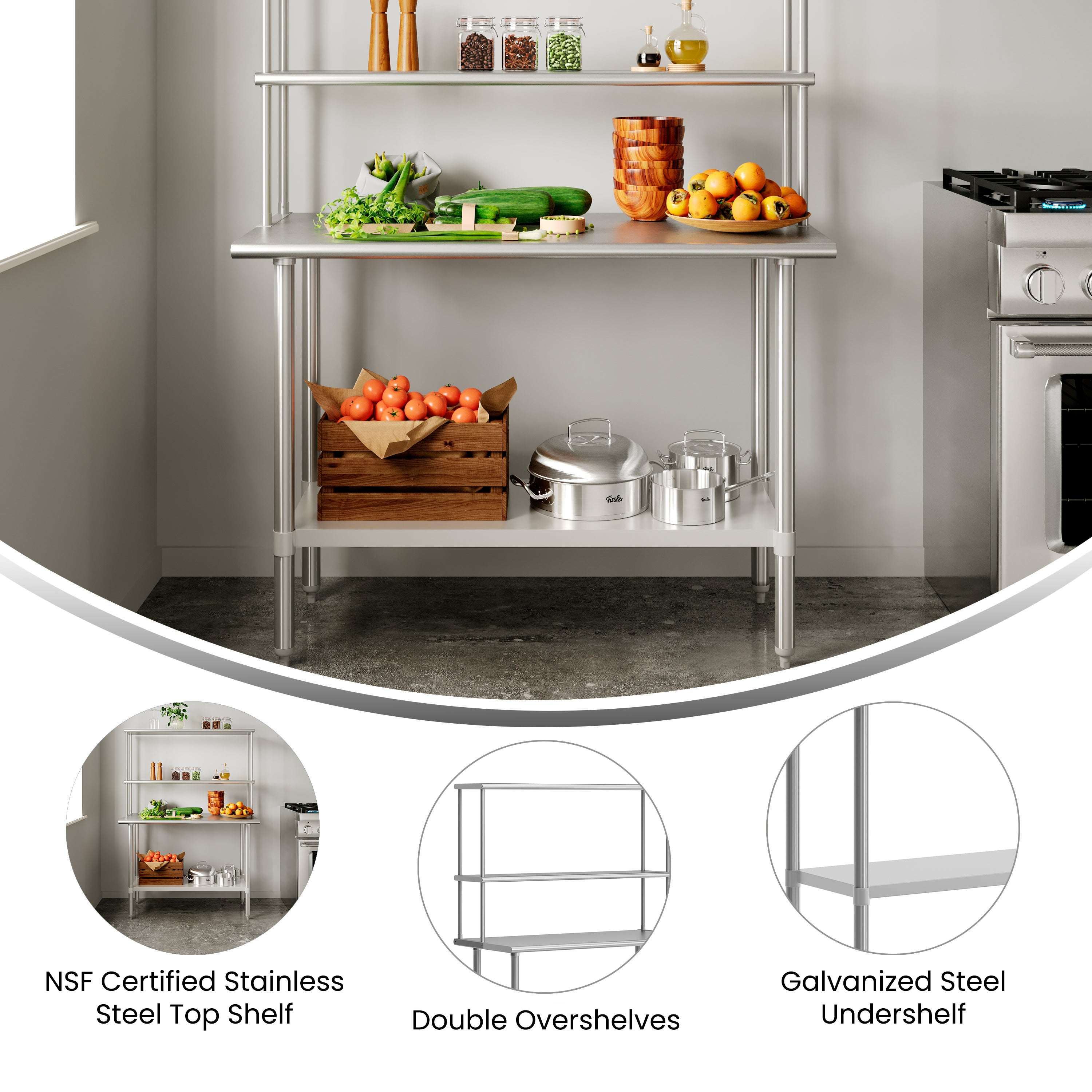 Rawcliffe Portable Prep and Work Table with NSF Certified 18 Gauge Stainless Steel Top Shelf and Double Overshelves and Galvanized Steel Undershelf