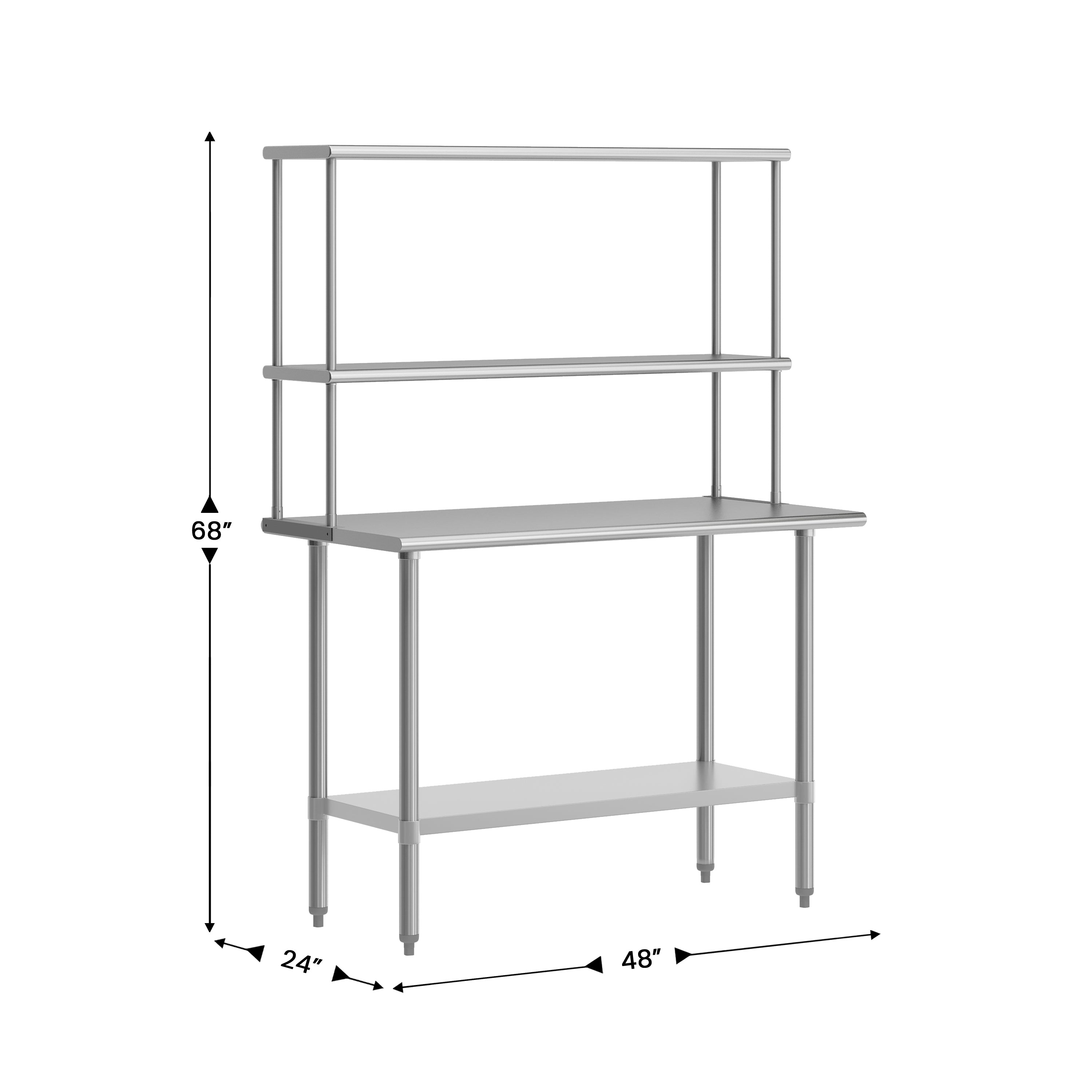 Rawcliffe Portable Prep and Work Table with NSF Certified 18 Gauge Stainless Steel Top Shelf and Double Overshelves and Galvanized Steel Undershelf