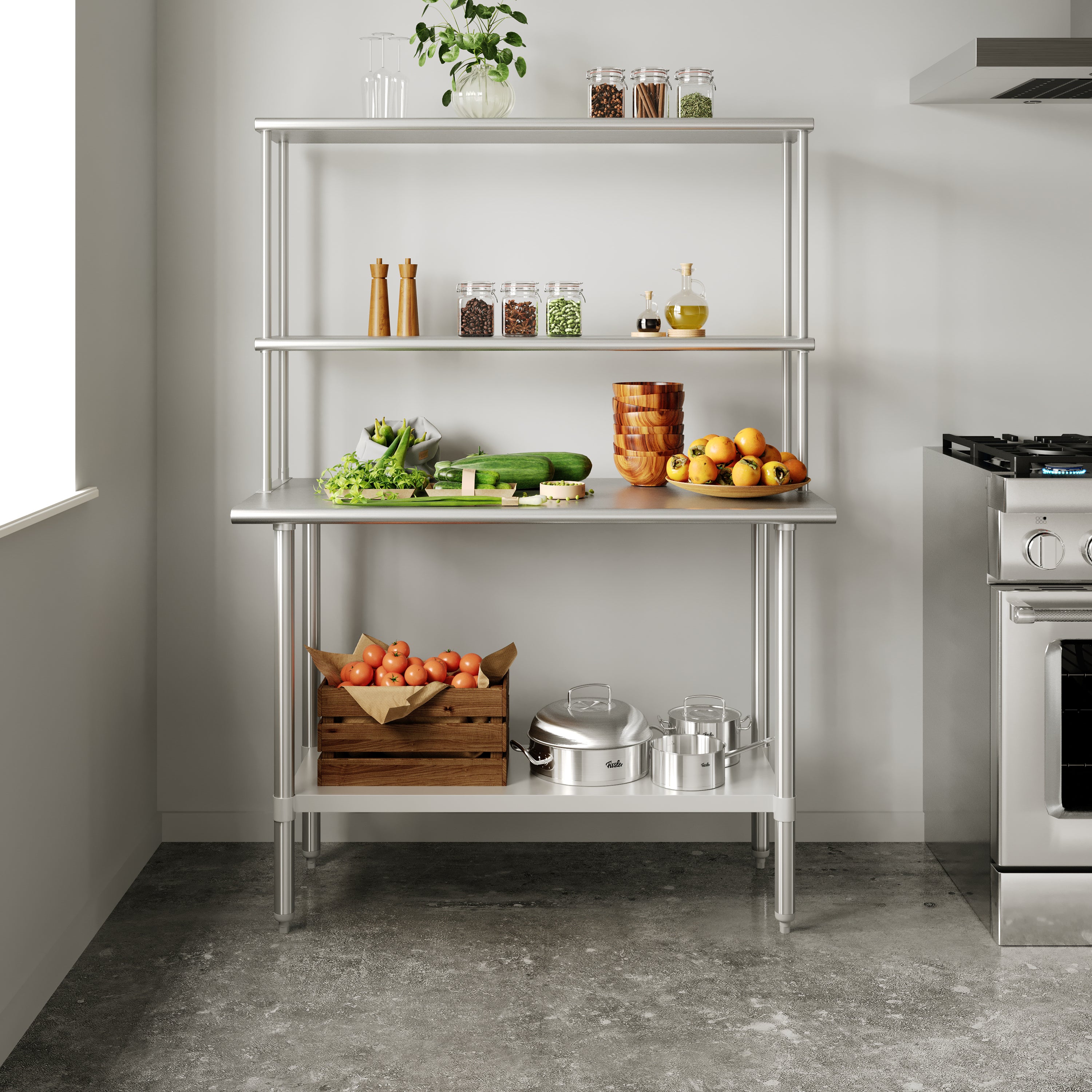 Rawcliffe Portable Prep and Work Table with NSF Certified 18 Gauge Stainless Steel Top Shelf and Double Overshelves and Galvanized Steel Undershelf