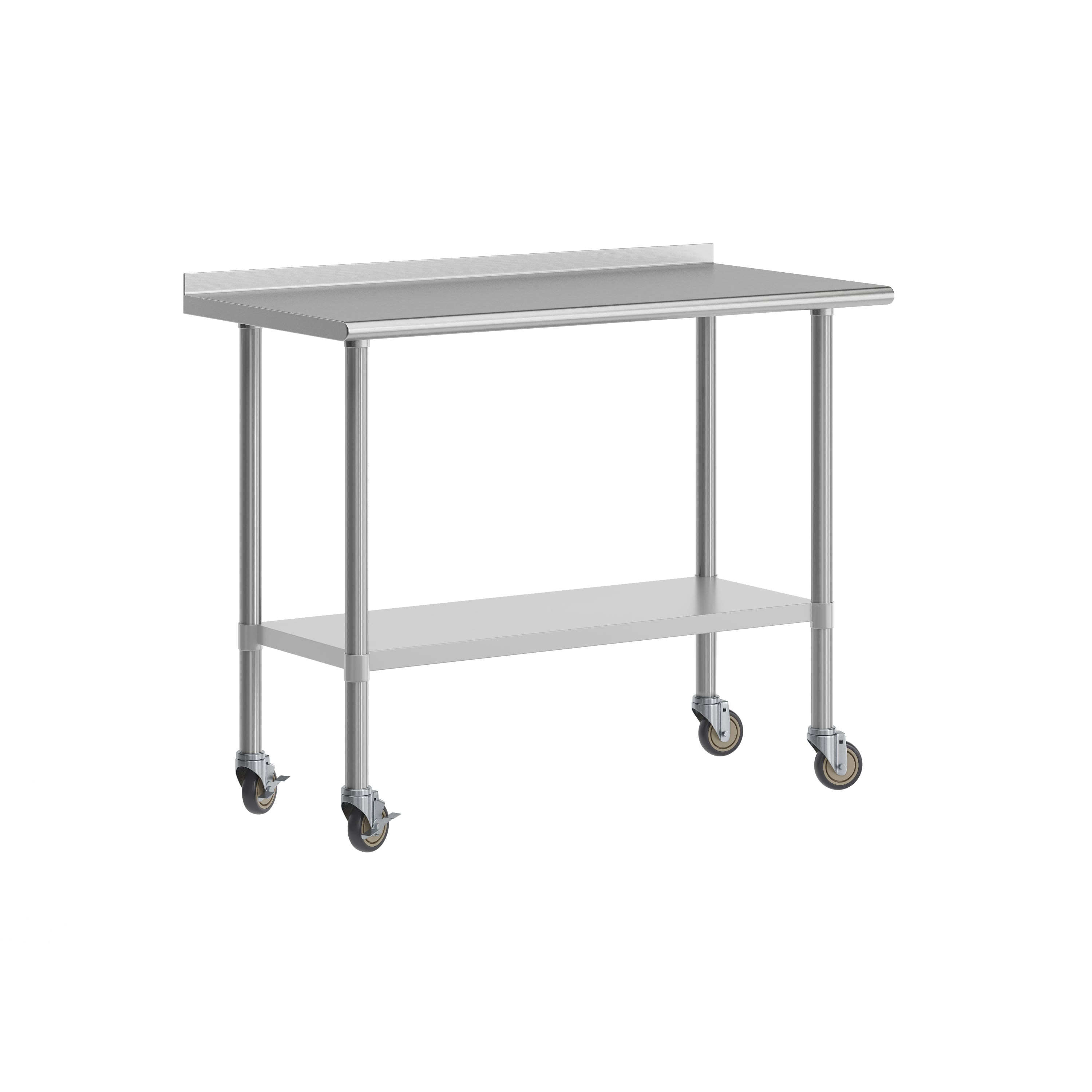 Rawcliffe Stainless Steel 18  Gauge NSF Cert. Portable Prep and Work Table with 1.5" Backsplash, Undershelf and 2 Locking Casters- 48"W x 24"D x 36"H
