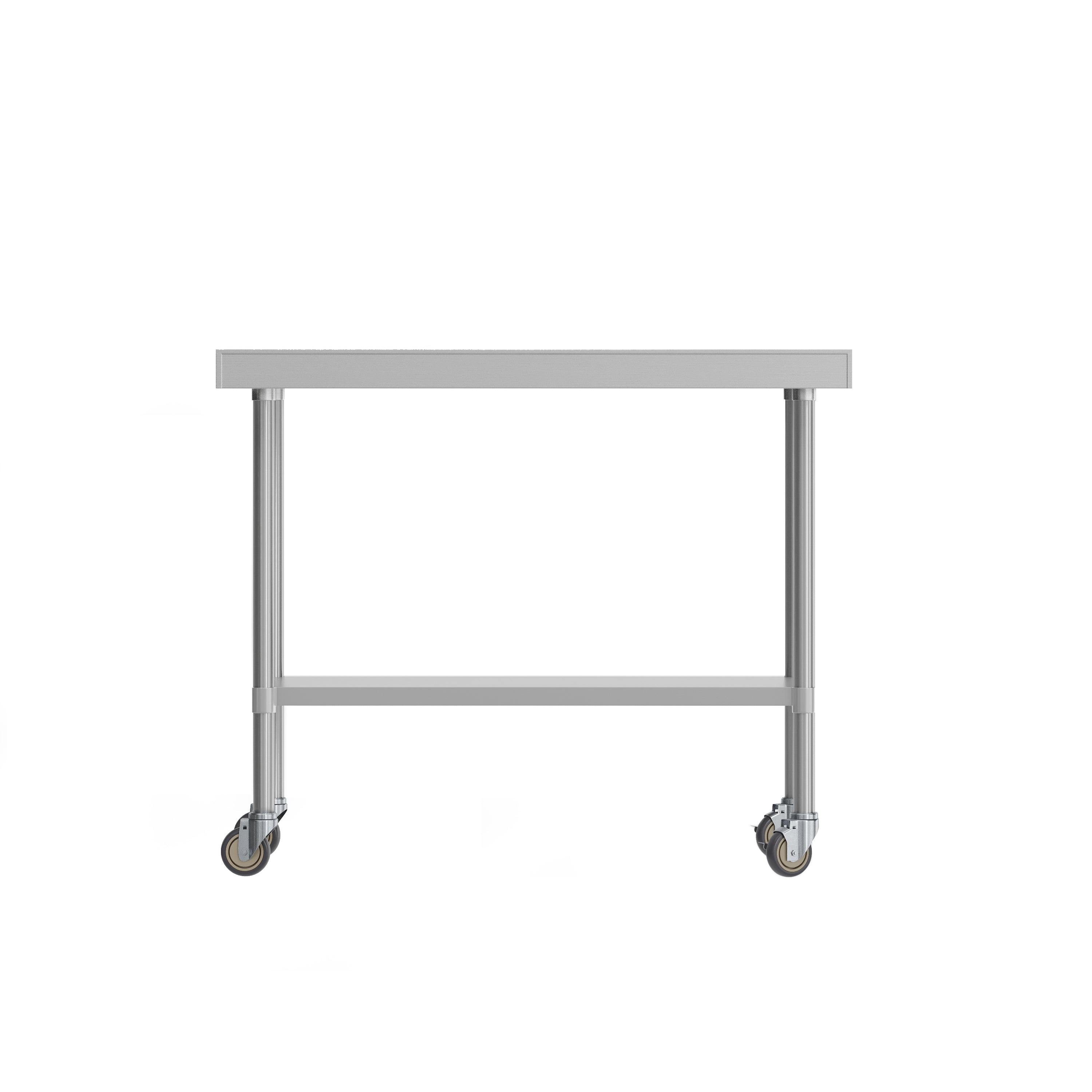 Rawcliffe Stainless Steel 18  Gauge NSF Cert. Portable Prep and Work Table with 1.5" Backsplash, Undershelf and 2 Locking Casters- 48"W x 24"D x 36"H