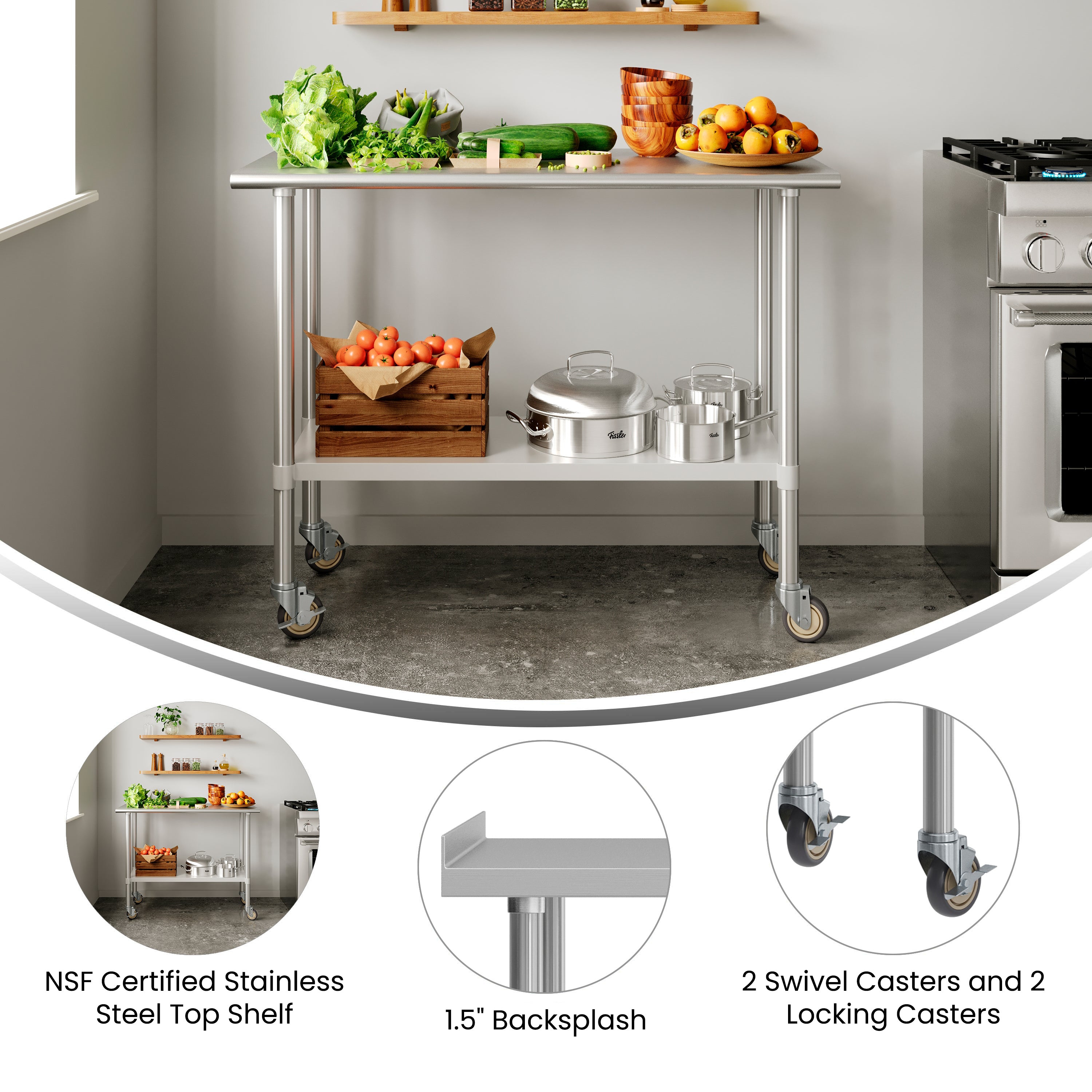 Rawcliffe Stainless Steel 18  Gauge NSF Cert. Portable Prep and Work Table with 1.5" Backsplash, Undershelf and 2 Locking Casters- 48"W x 24"D x 36"H