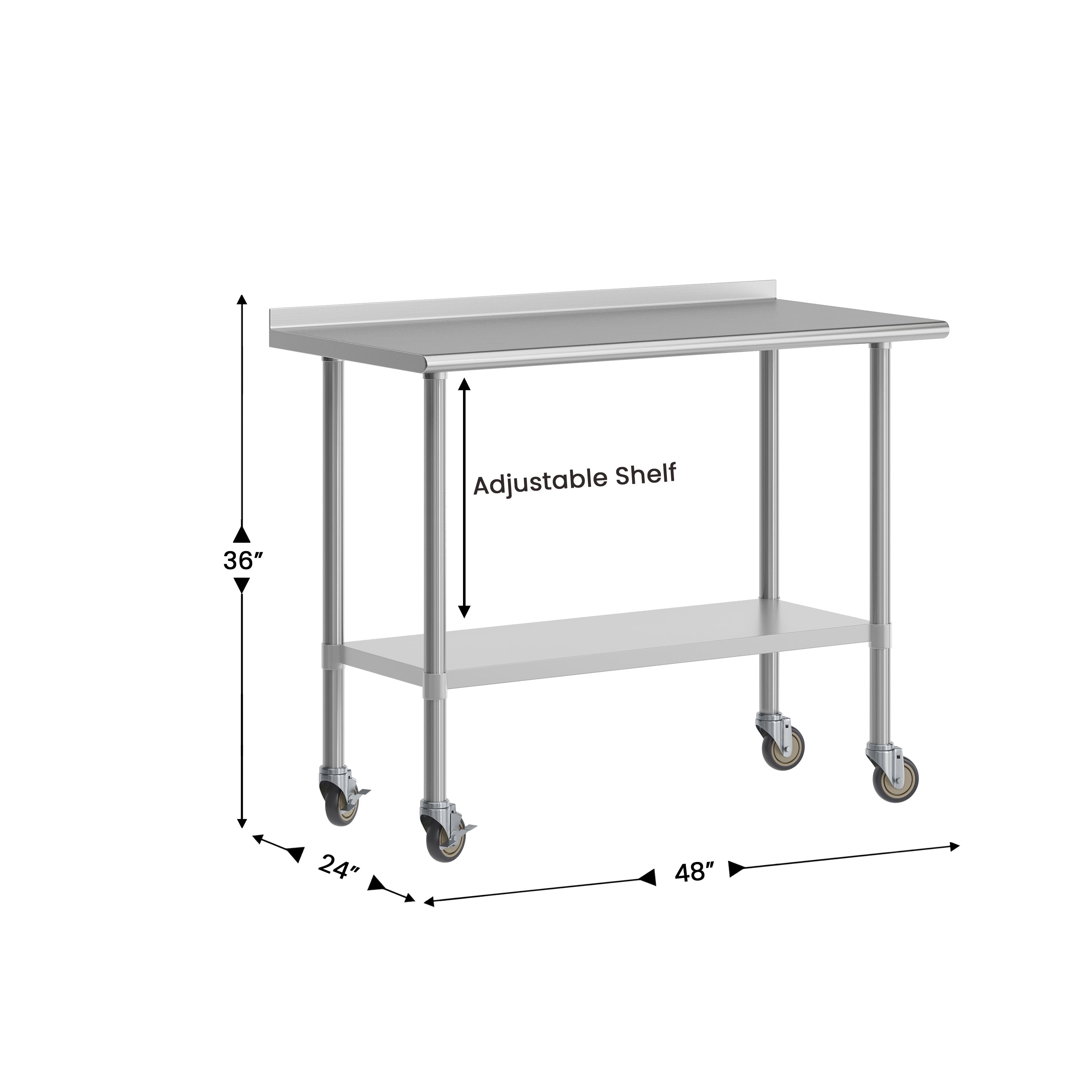 Rawcliffe Stainless Steel 18  Gauge NSF Cert. Portable Prep and Work Table with 1.5" Backsplash, Undershelf and 2 Locking Casters- 48"W x 24"D x 36"H