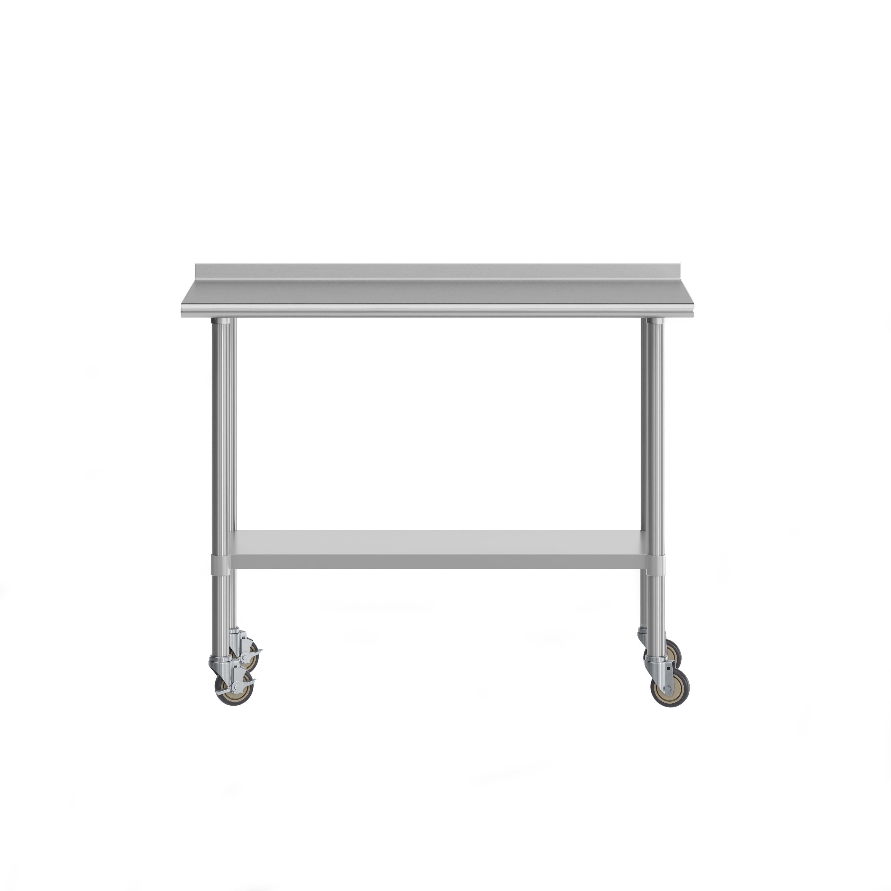 Rawcliffe Stainless Steel 18  Gauge NSF Cert. Portable Prep and Work Table with 1.5" Backsplash, Undershelf and 2 Locking Casters- 48"W x 24"D x 36"H