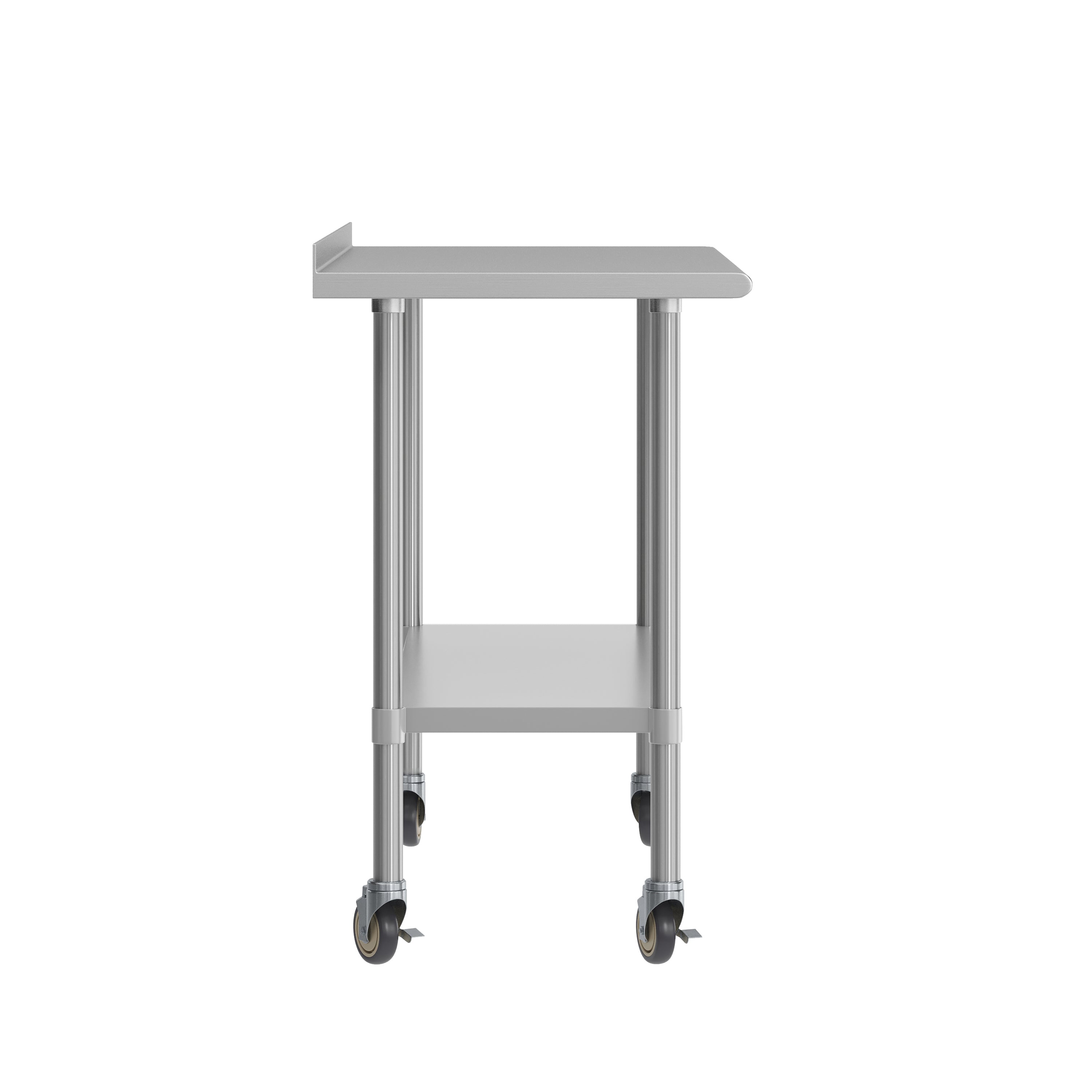 Rawcliffe Stainless Steel 18  Gauge NSF Cert. Portable Prep and Work Table with 1.5" Backsplash, Undershelf and 2 Locking Casters- 48"W x 24"D x 36"H