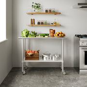 Rawcliffe Stainless Steel 18  Gauge NSF Cert. Portable Prep and Work Table with 1.5" Backsplash, Undershelf and 2 Locking Casters- 48"W x 24"D x 36"H