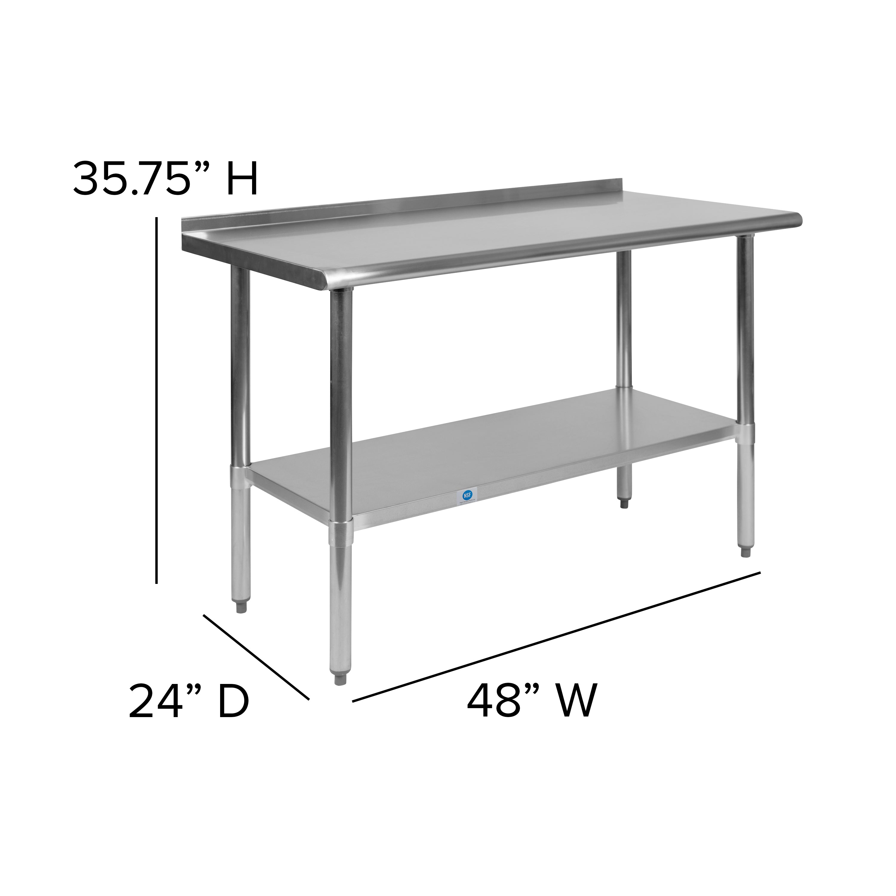 Rawcliffe Stainless Steel 18  Gauge Prep and Work Table with 1.5" Backsplash and Undershelf - NSF Certified - 48"W x 24"D x 36"H
