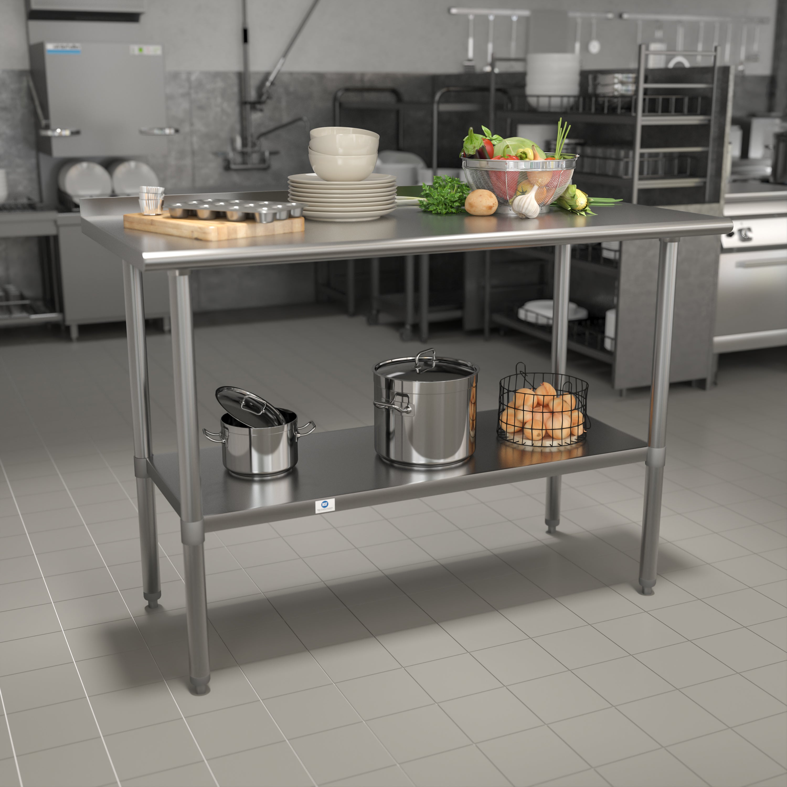 Rawcliffe Stainless Steel 18  Gauge Prep and Work Table with 1.5" Backsplash and Undershelf - NSF Certified - 48"W x 24"D x 36"H