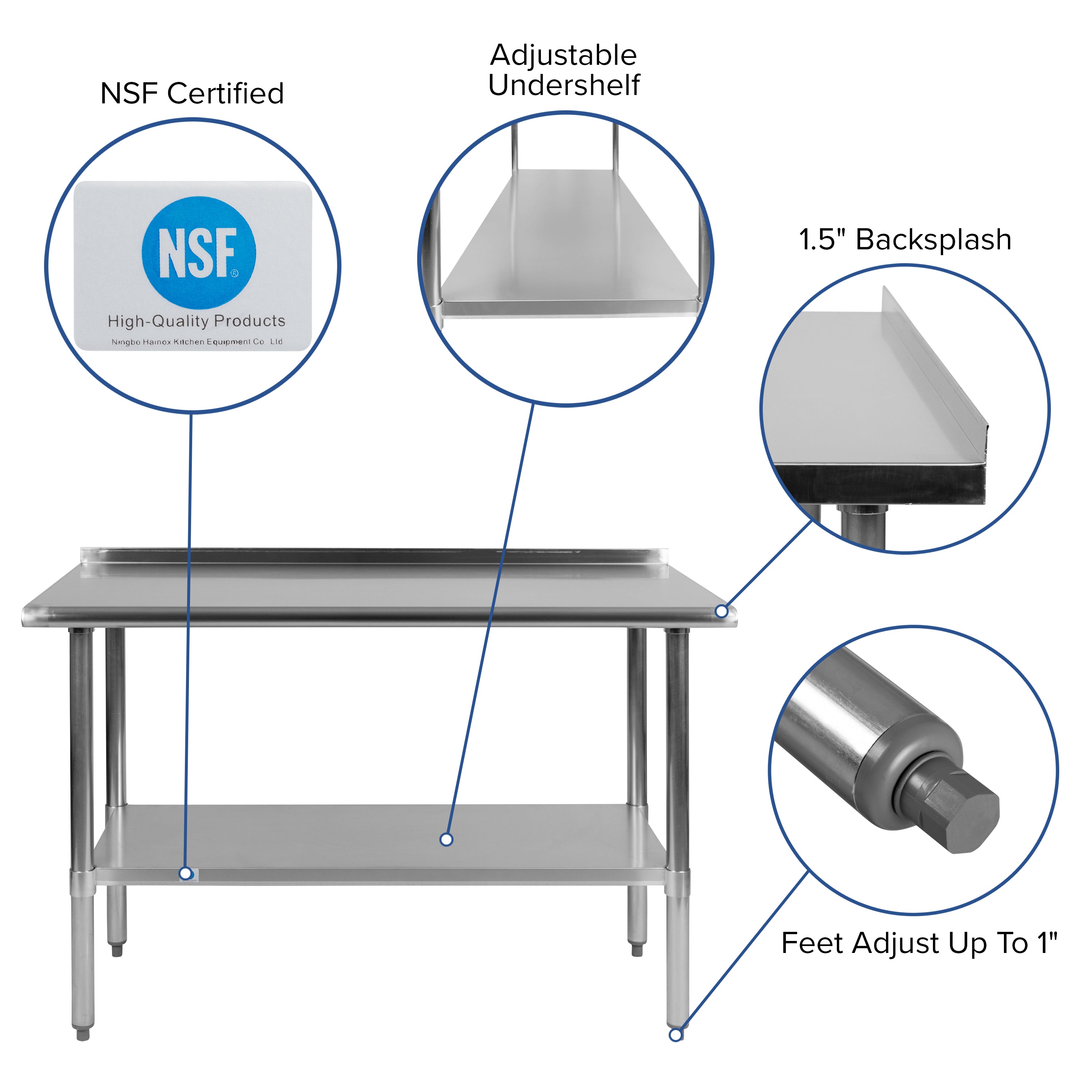 Rawcliffe Stainless Steel 18  Gauge Prep and Work Table with 1.5" Backsplash and Undershelf - NSF Certified - 48"W x 24"D x 36"H