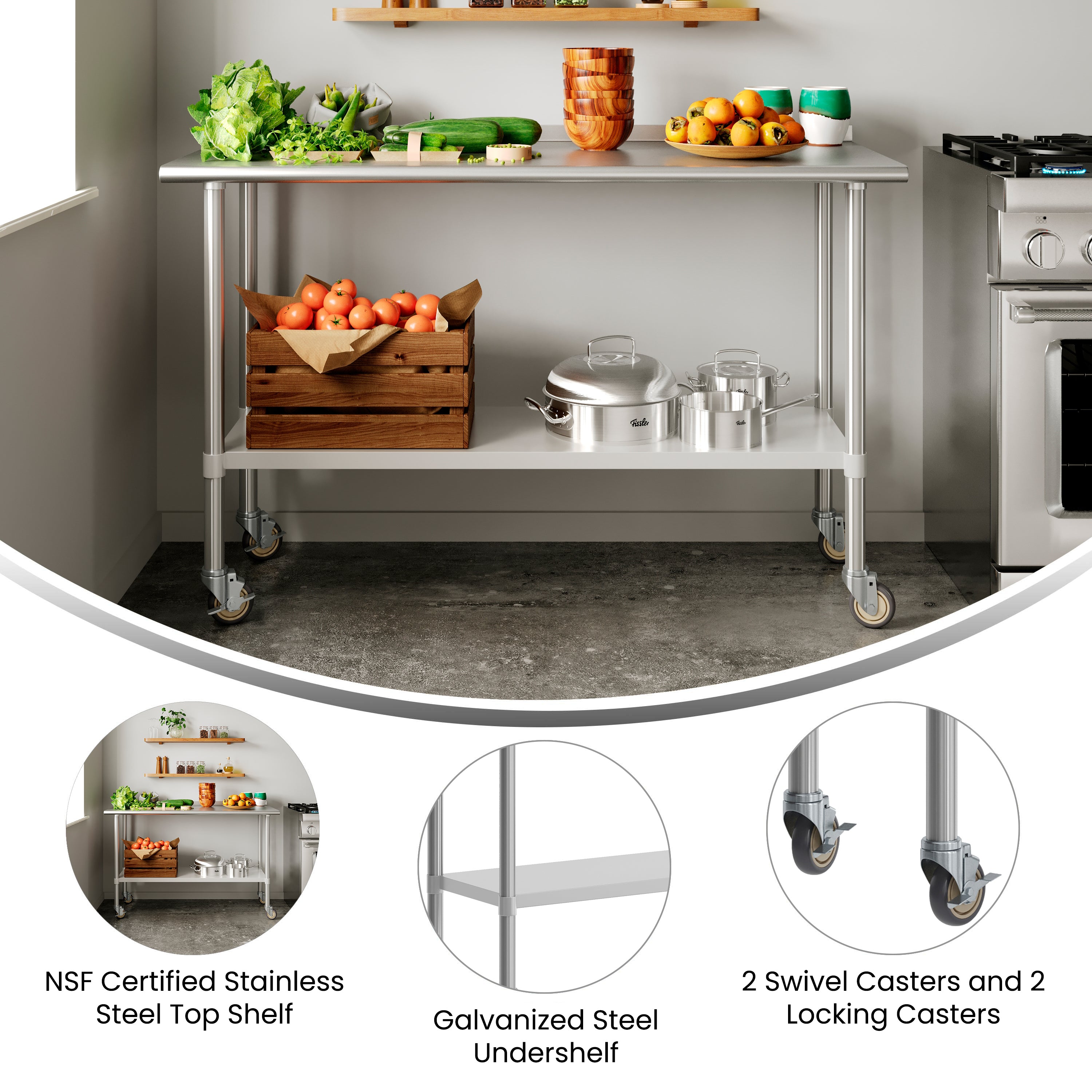 Reese Portable Prep and Work Table with NSF Certified 18 Gauge Stainless Steel Top Shelf, Galvanized Steel Undershelf and 4 Casters with 2 Locking