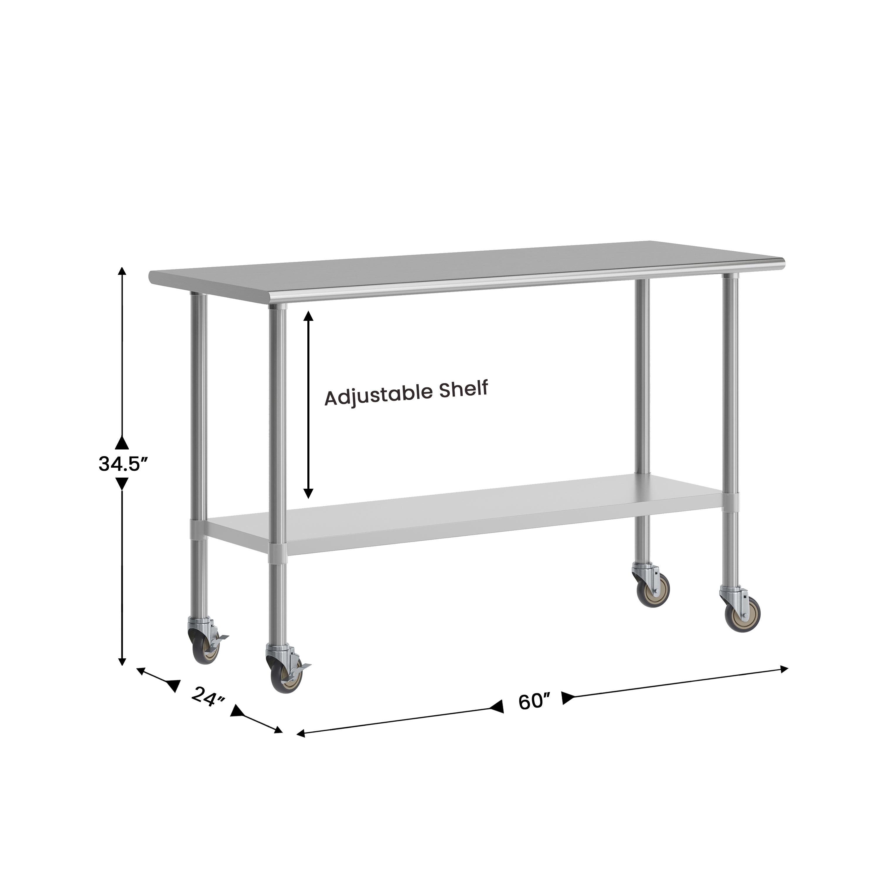 Reese Portable Prep and Work Table with NSF Certified 18 Gauge Stainless Steel Top Shelf, Galvanized Steel Undershelf and 4 Casters with 2 Locking
