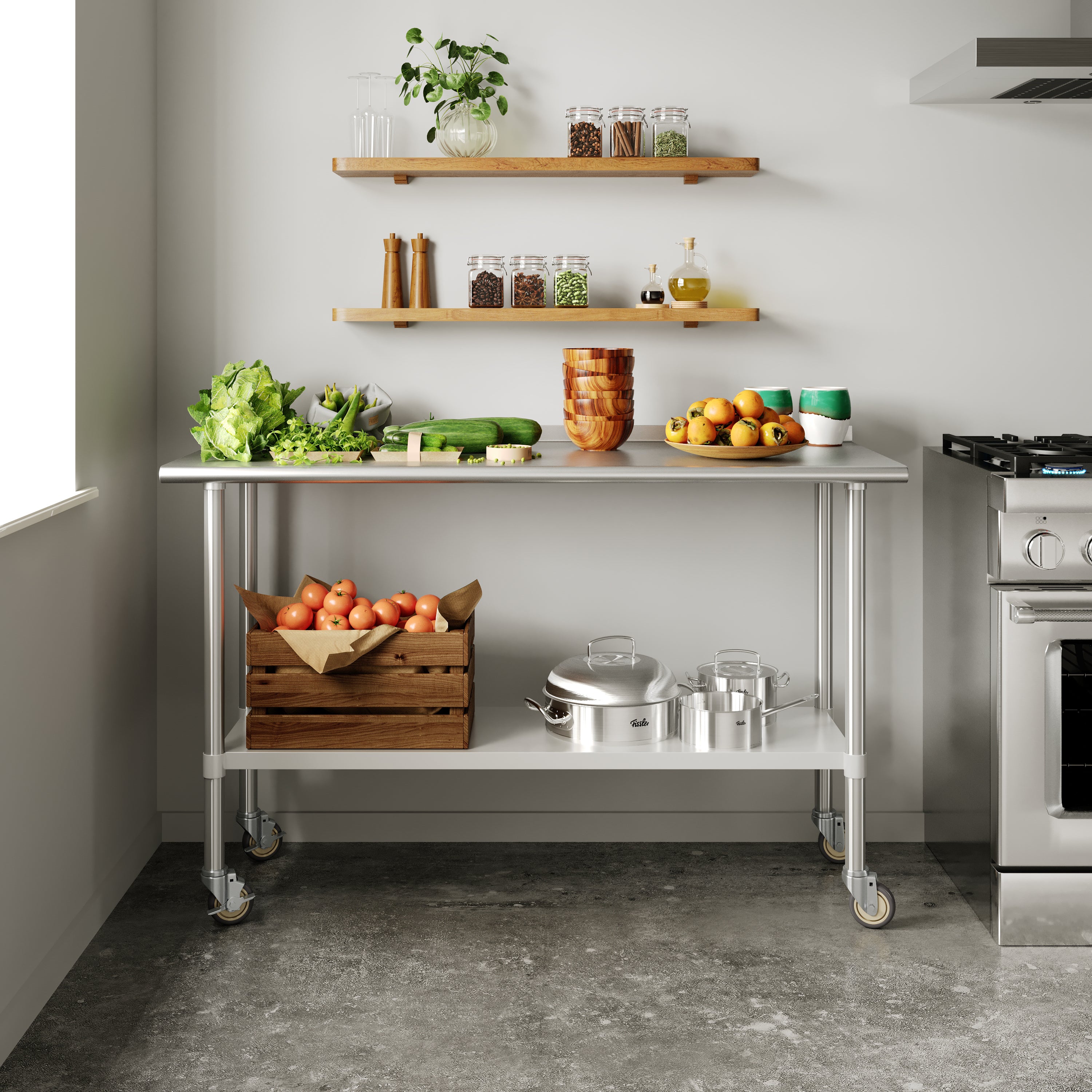 Reese Portable Prep and Work Table with NSF Certified 18 Gauge Stainless Steel Top Shelf, Galvanized Steel Undershelf and 4 Casters with 2 Locking