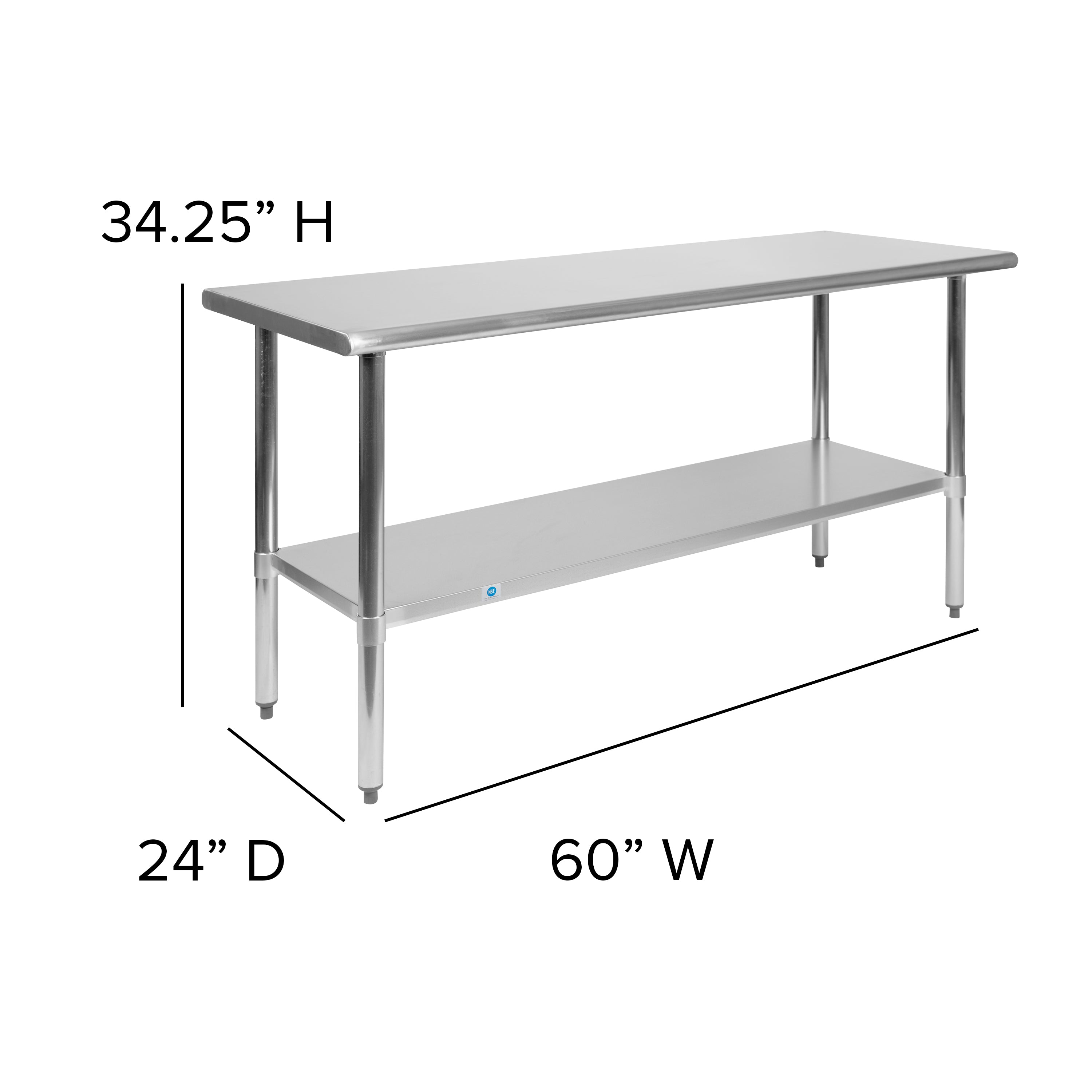 Reese Stainless Steel 18  Gauge Prep and Work Table with Undershelf - NSF Certified - 60"W x 24"D x 34.5"H