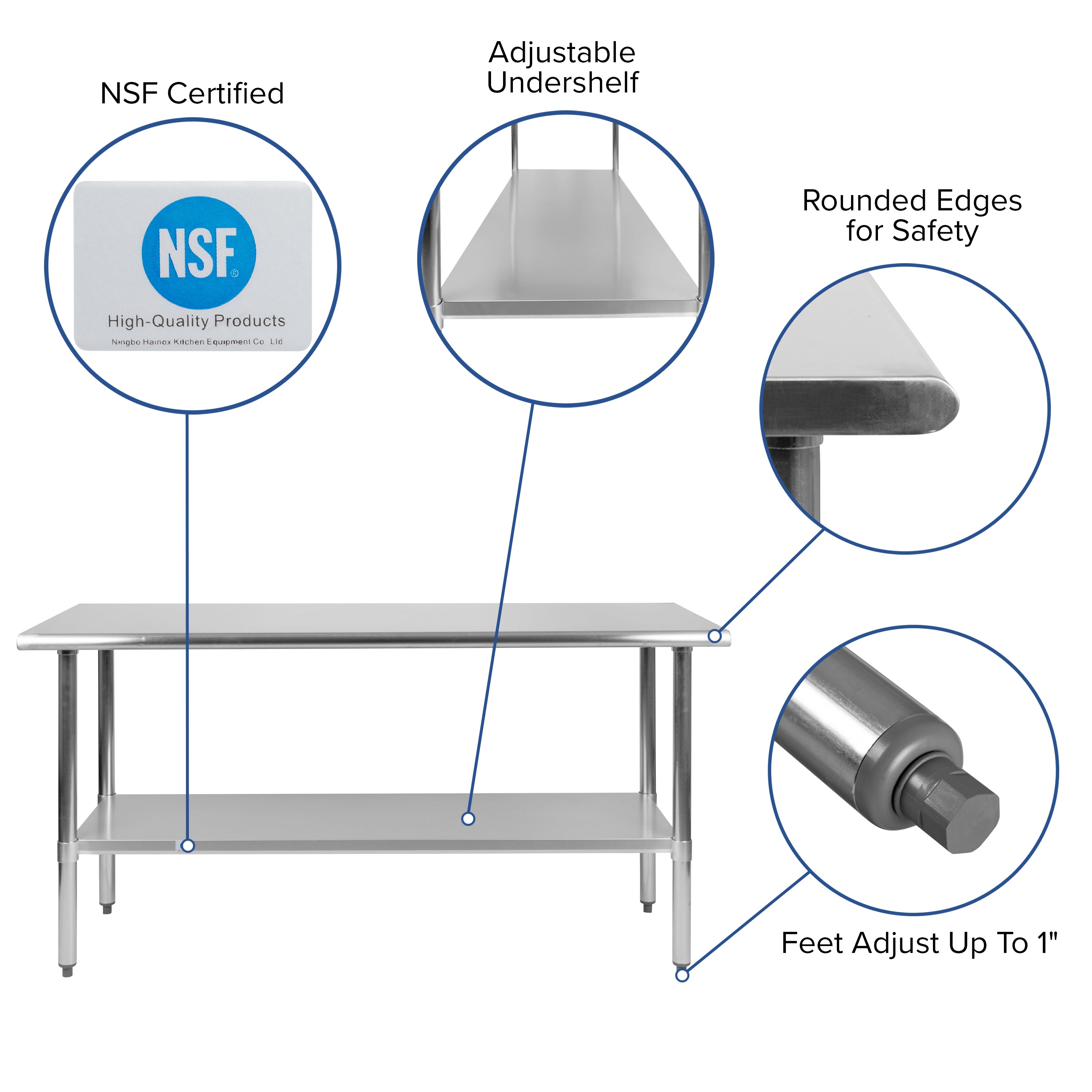 Reese Stainless Steel 18  Gauge Prep and Work Table with Undershelf - NSF Certified - 60"W x 24"D x 34.5"H