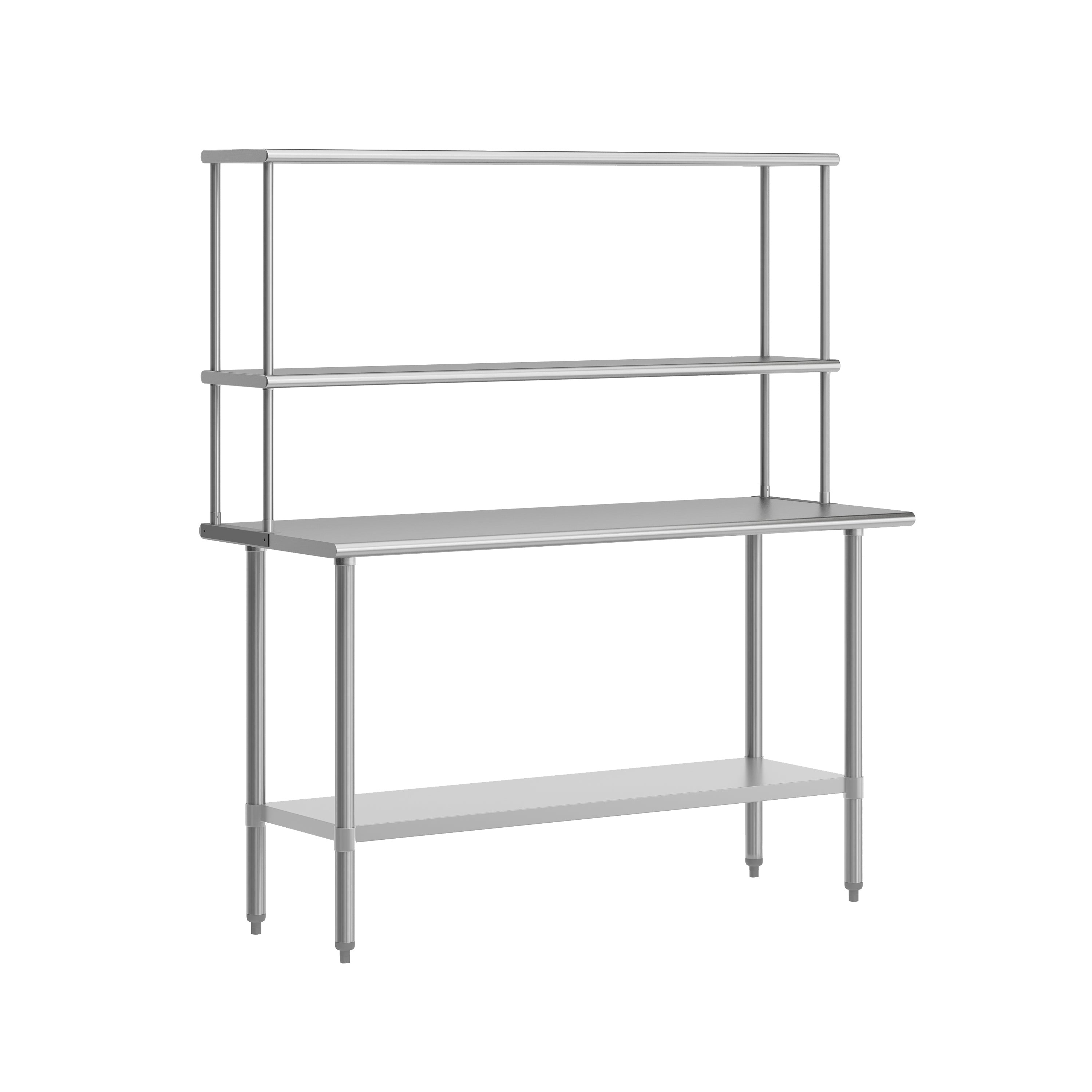 Reese Portable Prep and Work Table with NSF Certified 18 Gauge Stainless Steel Top Shelf and Double Overshelves and Galvanized Steel Undershelf