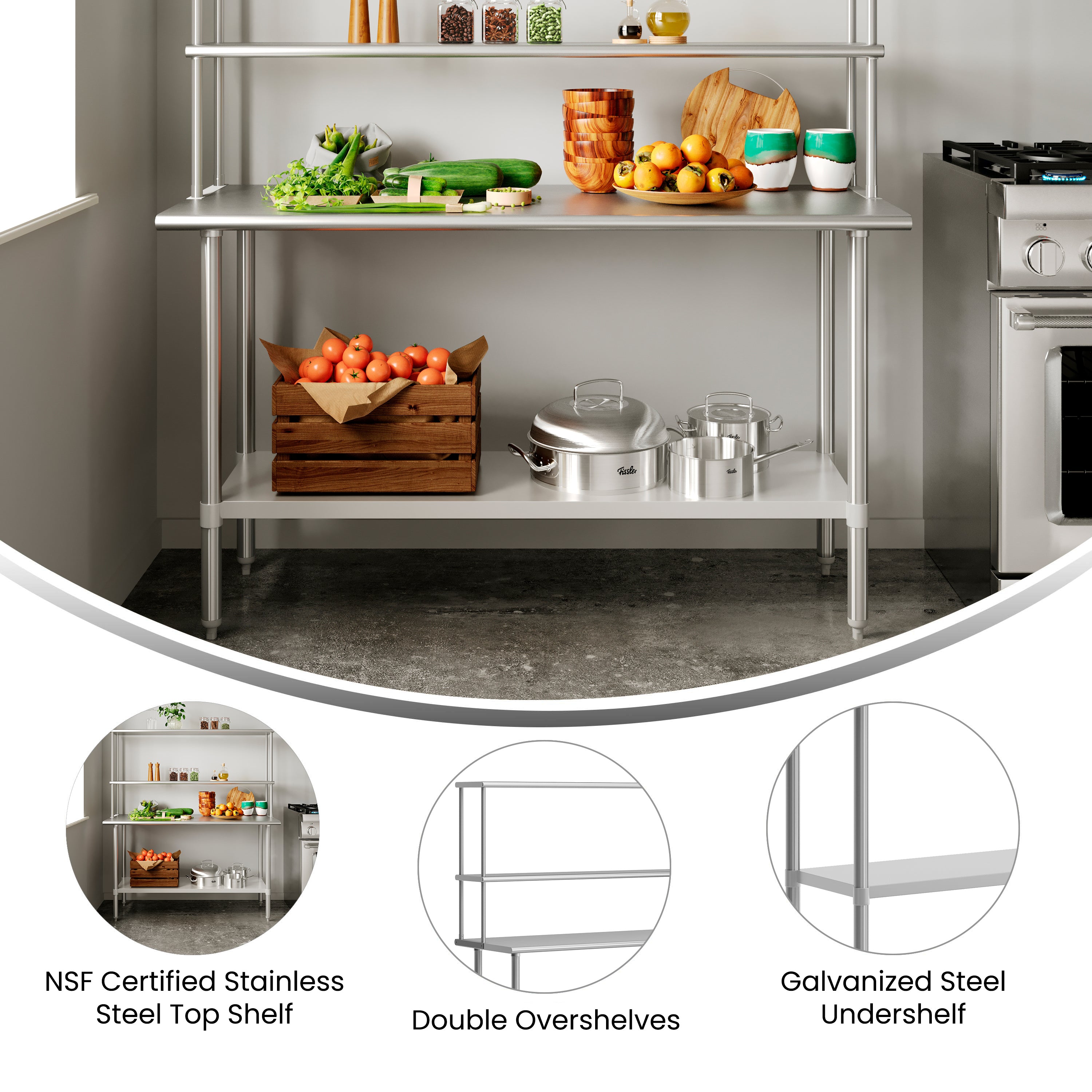 Reese Portable Prep and Work Table with NSF Certified 18 Gauge Stainless Steel Top Shelf and Double Overshelves and Galvanized Steel Undershelf