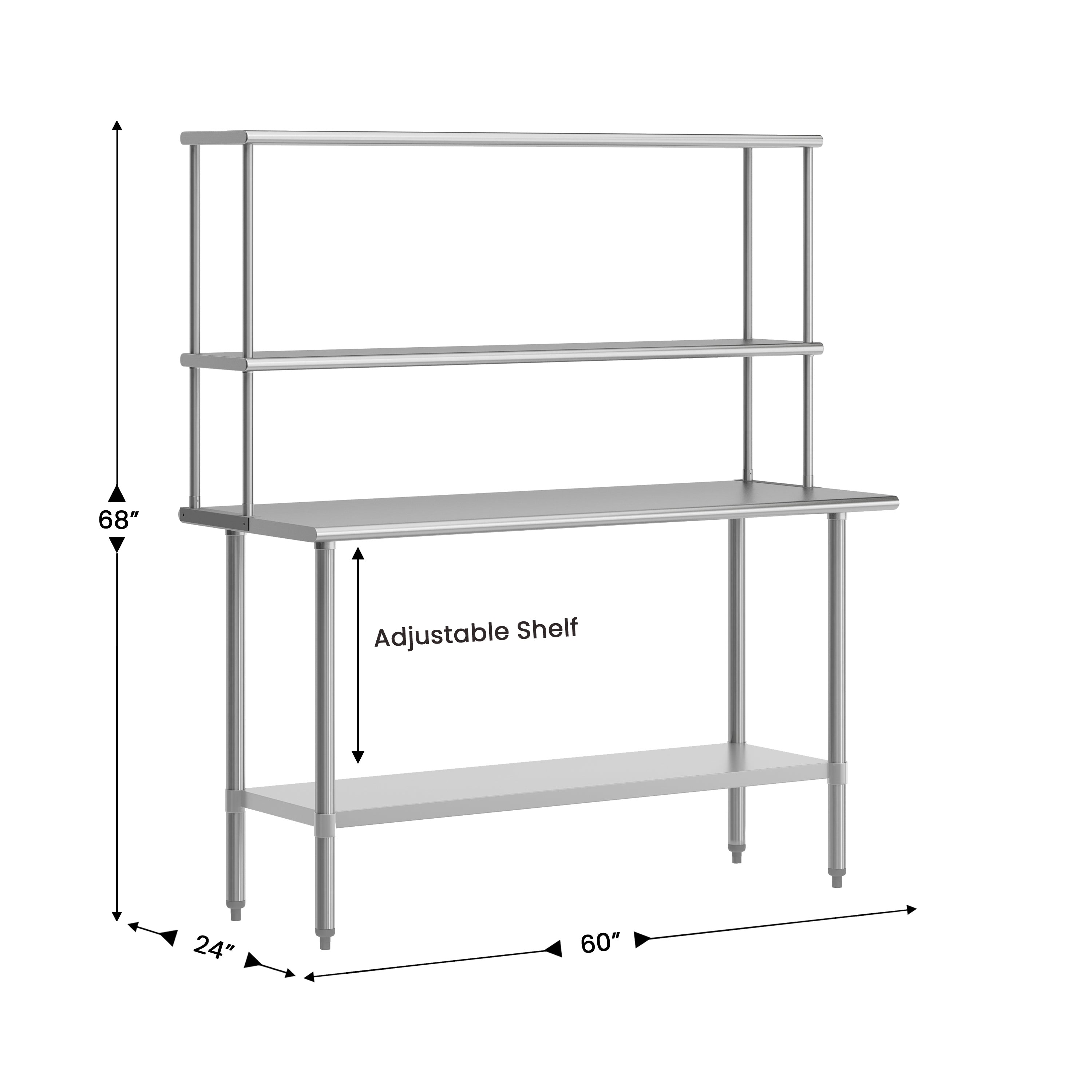Reese Portable Prep and Work Table with NSF Certified 18 Gauge Stainless Steel Top Shelf and Double Overshelves and Galvanized Steel Undershelf
