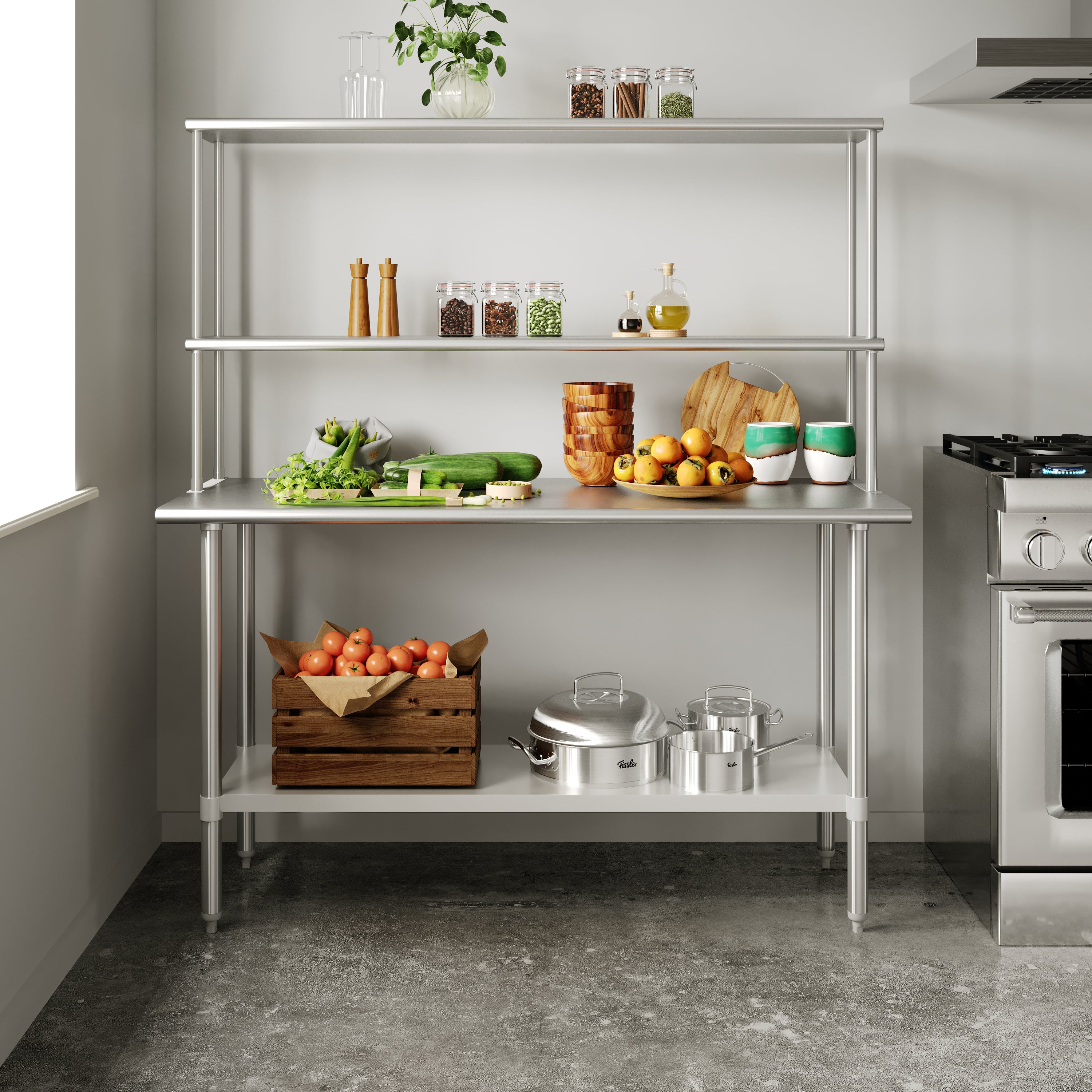 Reese Portable Prep and Work Table with NSF Certified 18 Gauge Stainless Steel Top Shelf and Double Overshelves and Galvanized Steel Undershelf