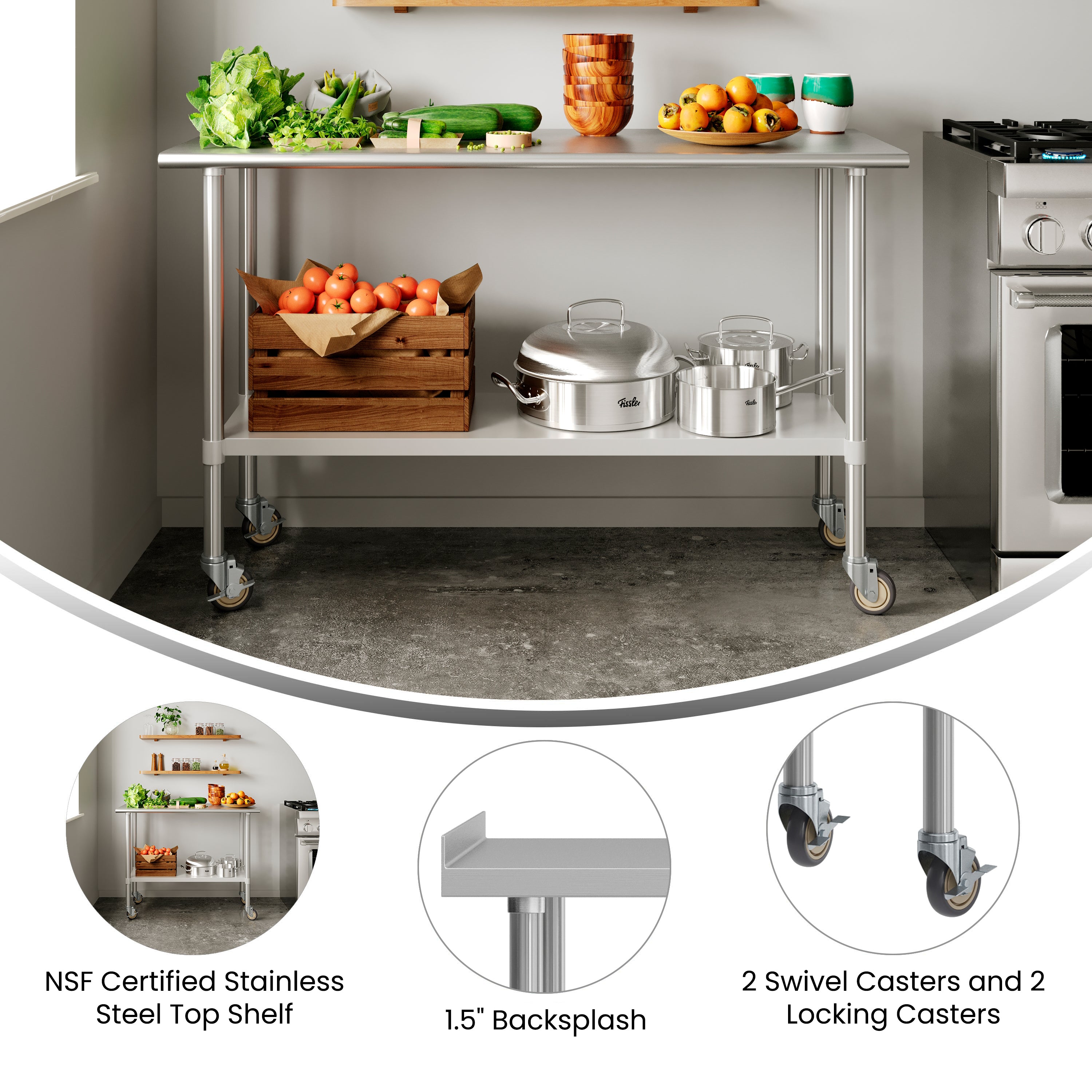 Reese Portable Prep and Work Table with NSF Certified Stainless Steel Top Shelf, 1.5" Backsplash, Galvanized Steel Undershelf, 4 Casters, 2 Locking