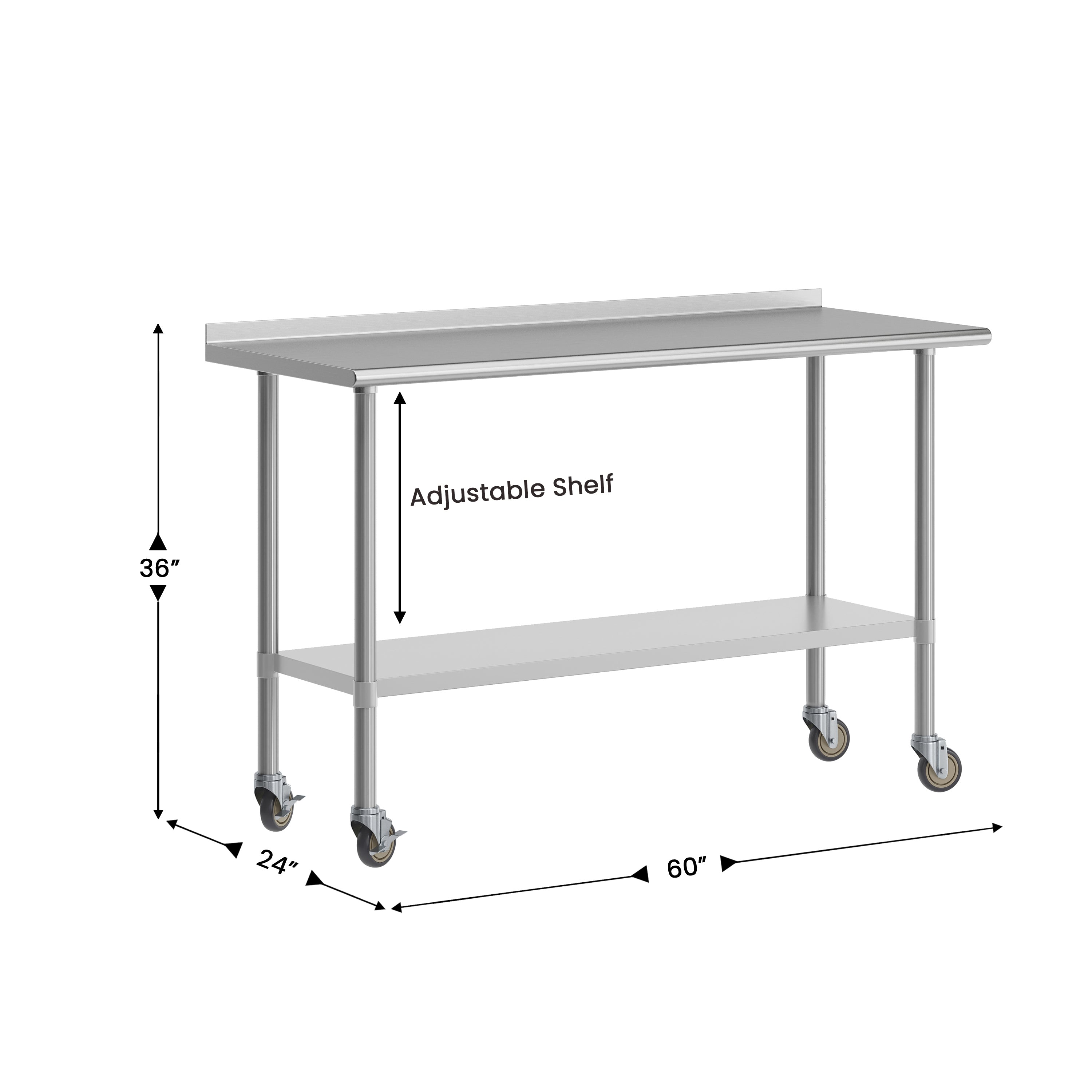 Reese Portable Prep and Work Table with NSF Certified Stainless Steel Top Shelf, 1.5" Backsplash, Galvanized Steel Undershelf, 4 Casters, 2 Locking