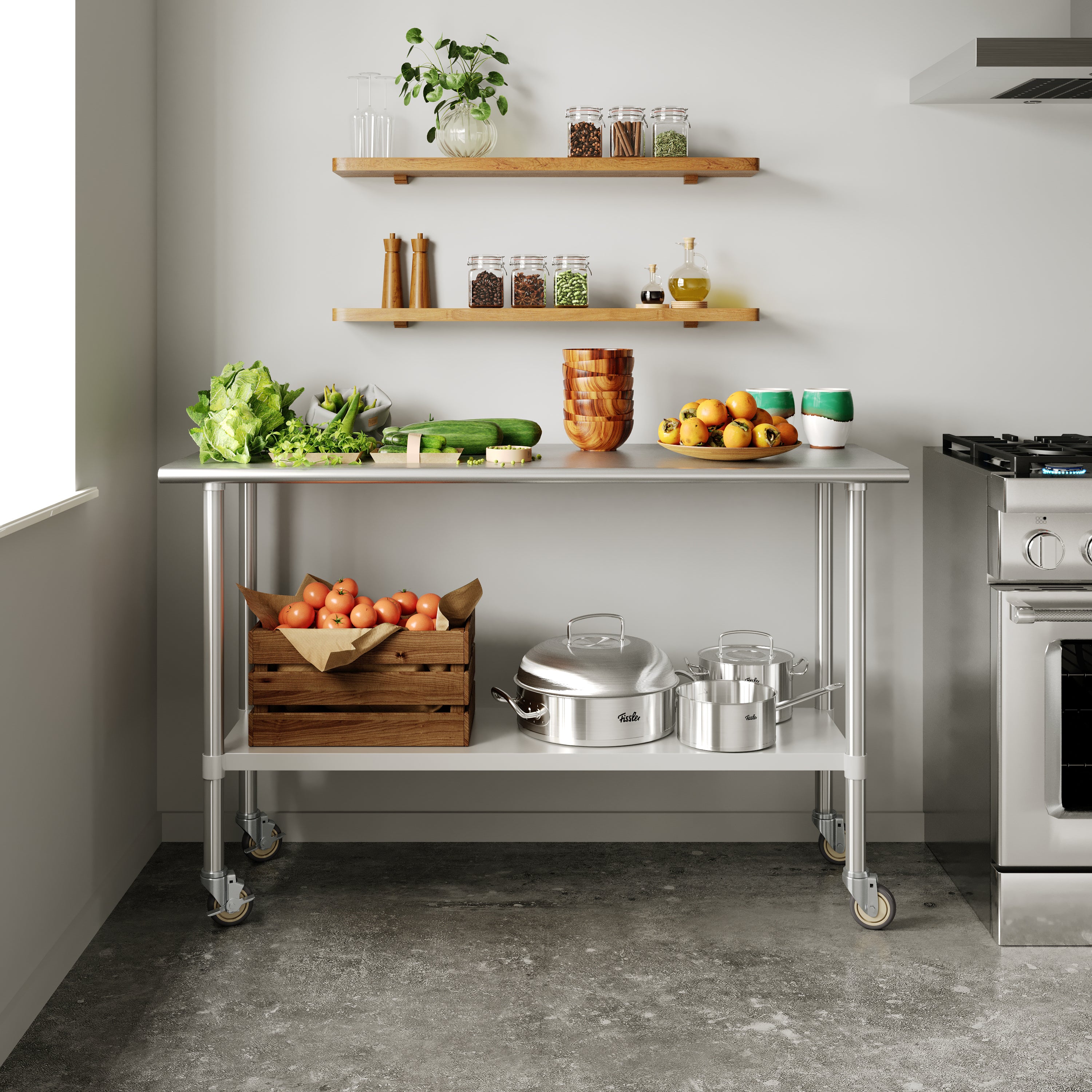 Reese Portable Prep and Work Table with NSF Certified Stainless Steel Top Shelf, 1.5" Backsplash, Galvanized Steel Undershelf, 4 Casters, 2 Locking