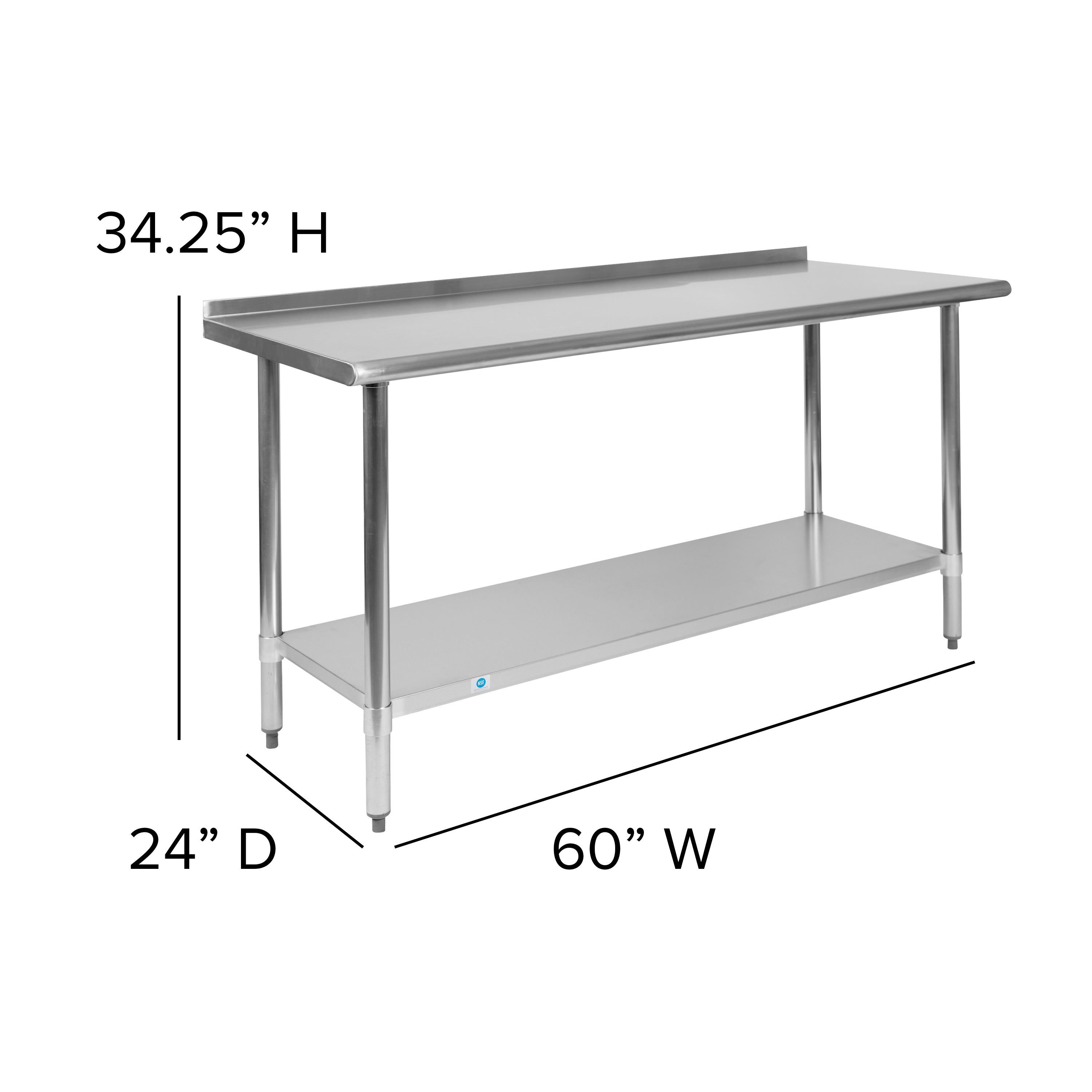 Reese Stainless Steel 18  Gauge Prep and Work Table with 1.5" Backsplash and Undershelf - NSF Certified - 60"W x 24"D x 36"H