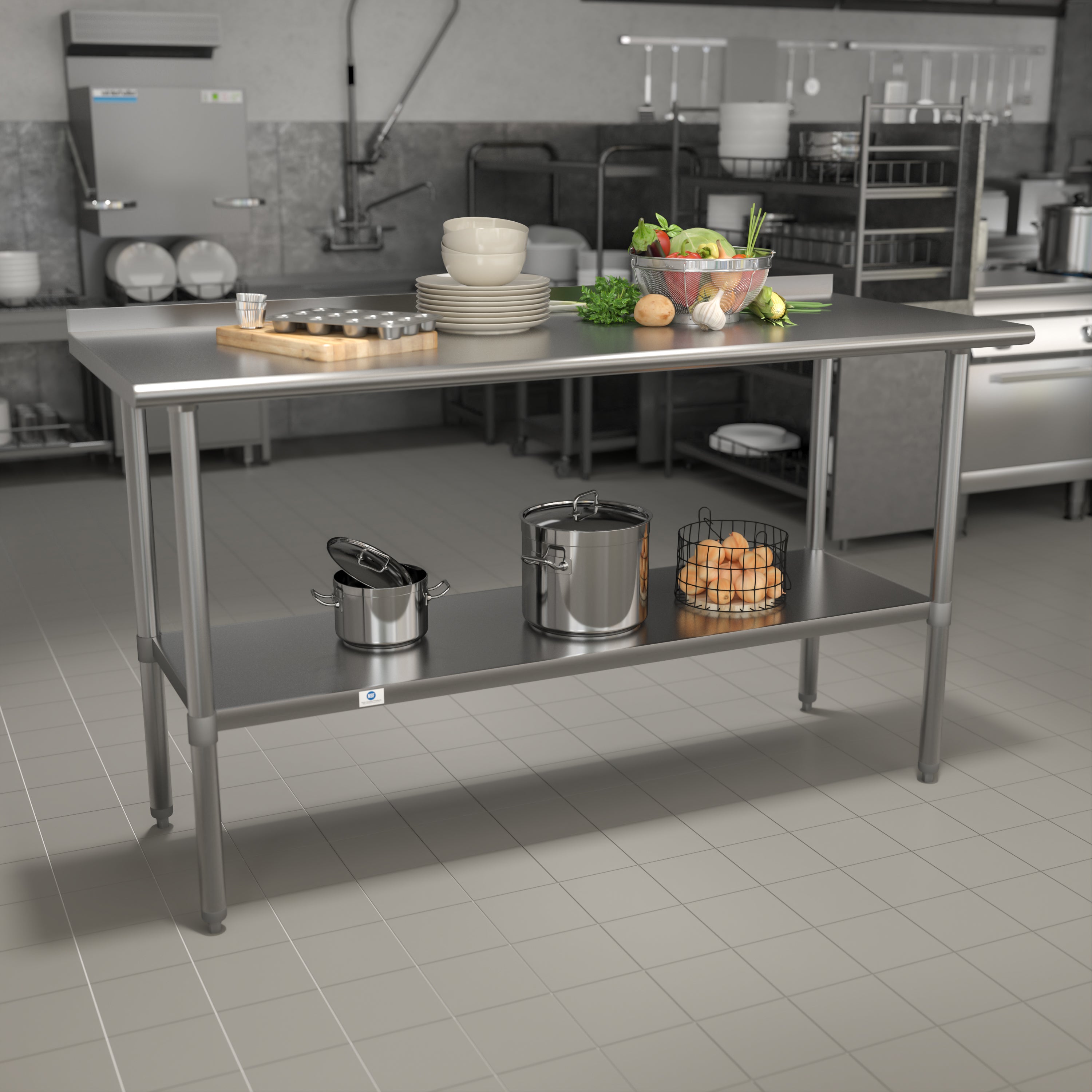 Reese Stainless Steel 18  Gauge Prep and Work Table with 1.5" Backsplash and Undershelf - NSF Certified - 60"W x 24"D x 36"H