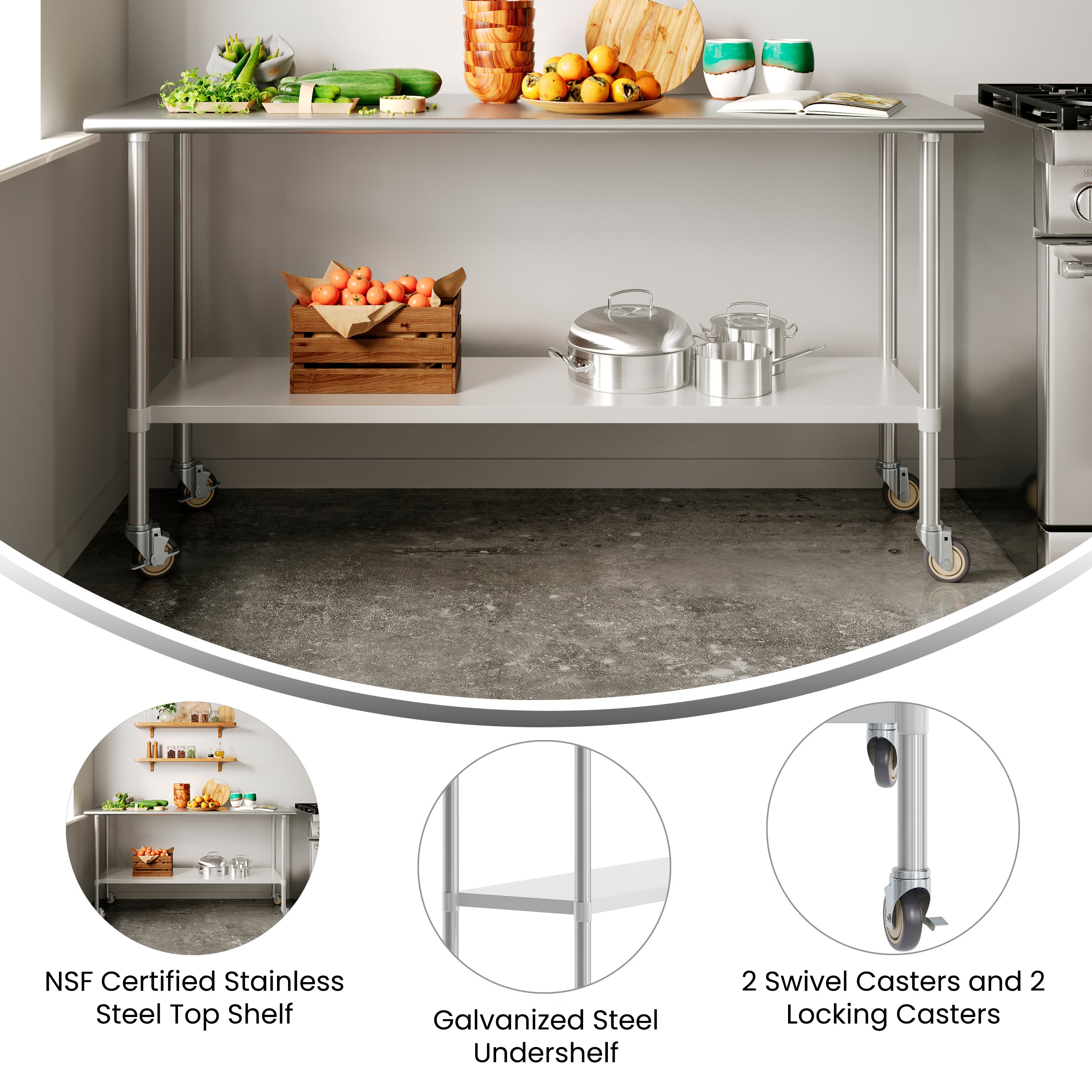 Reese 24x72 Portable Prep and Work Table with NSF Certified 18 Gauge Stainless Steel Top Shelf, Galvanized Steel Undershelf, 4 Casters with 2 Locking