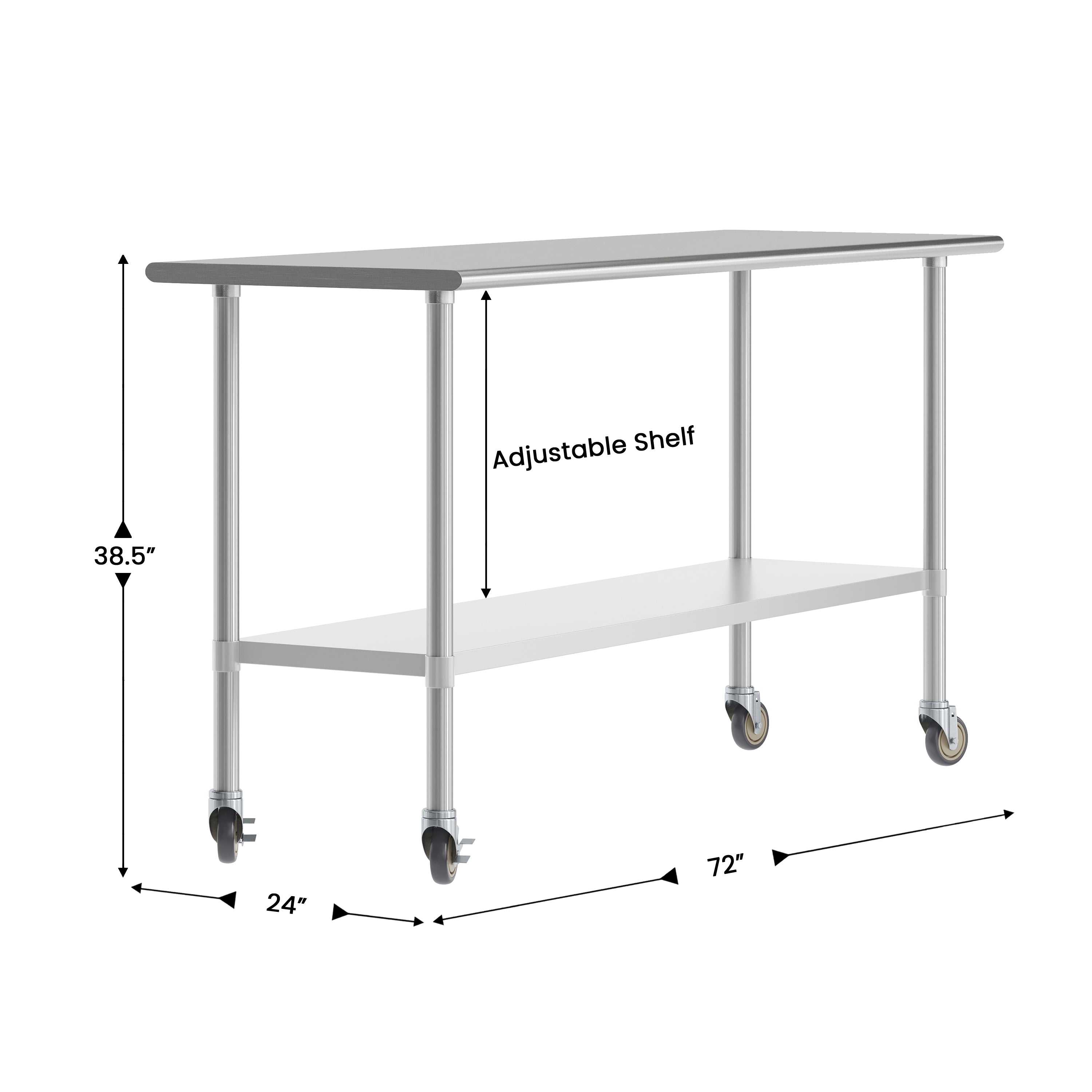 Reese 24x72 Portable Prep and Work Table with NSF Certified 18 Gauge Stainless Steel Top Shelf, Galvanized Steel Undershelf, 4 Casters with 2 Locking