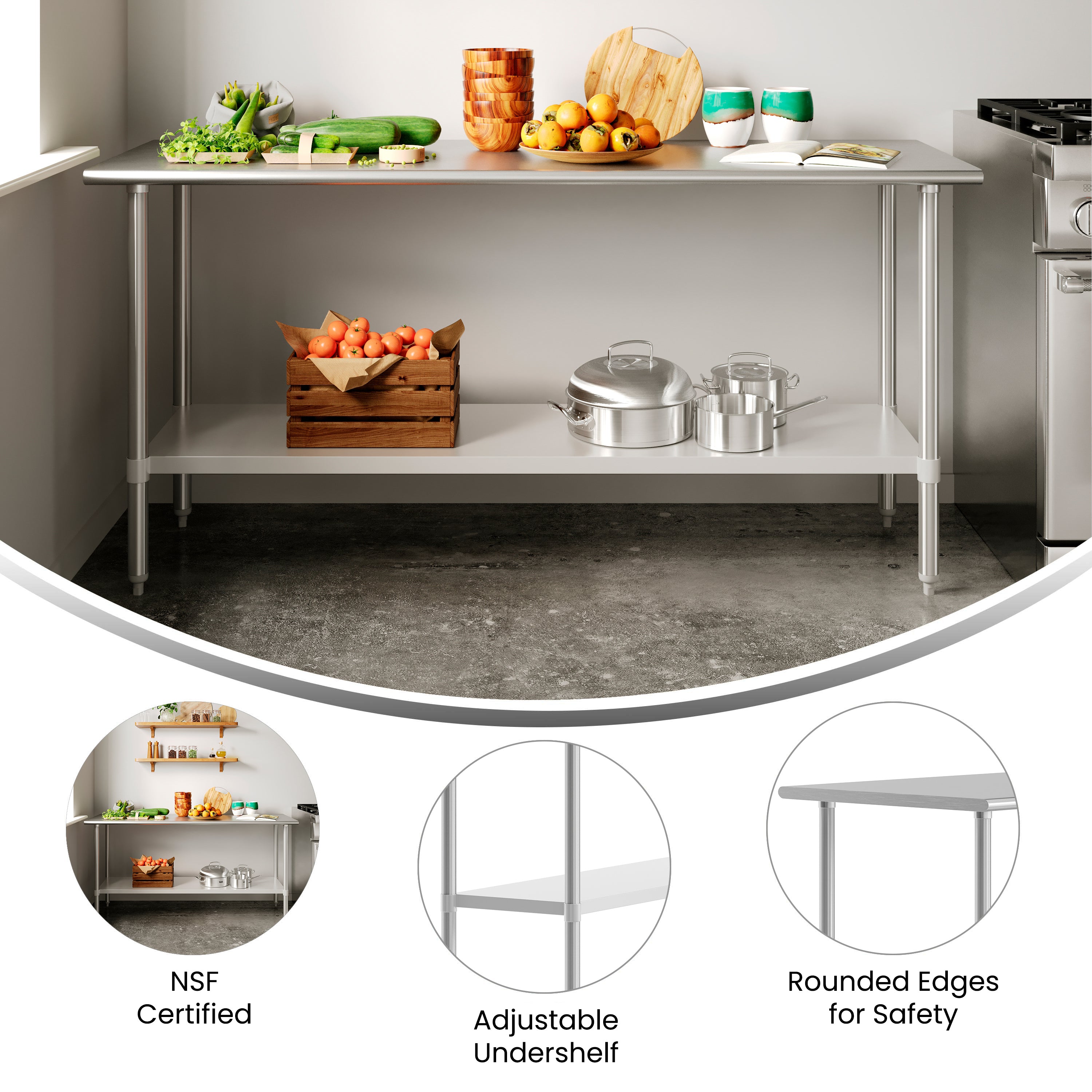 Reese 24x72 Portable Prep and Work Table with NSF Certified 18 Gauge Stainless Steel Top Shelf and Adjustable Galvanized Steel Undershelf