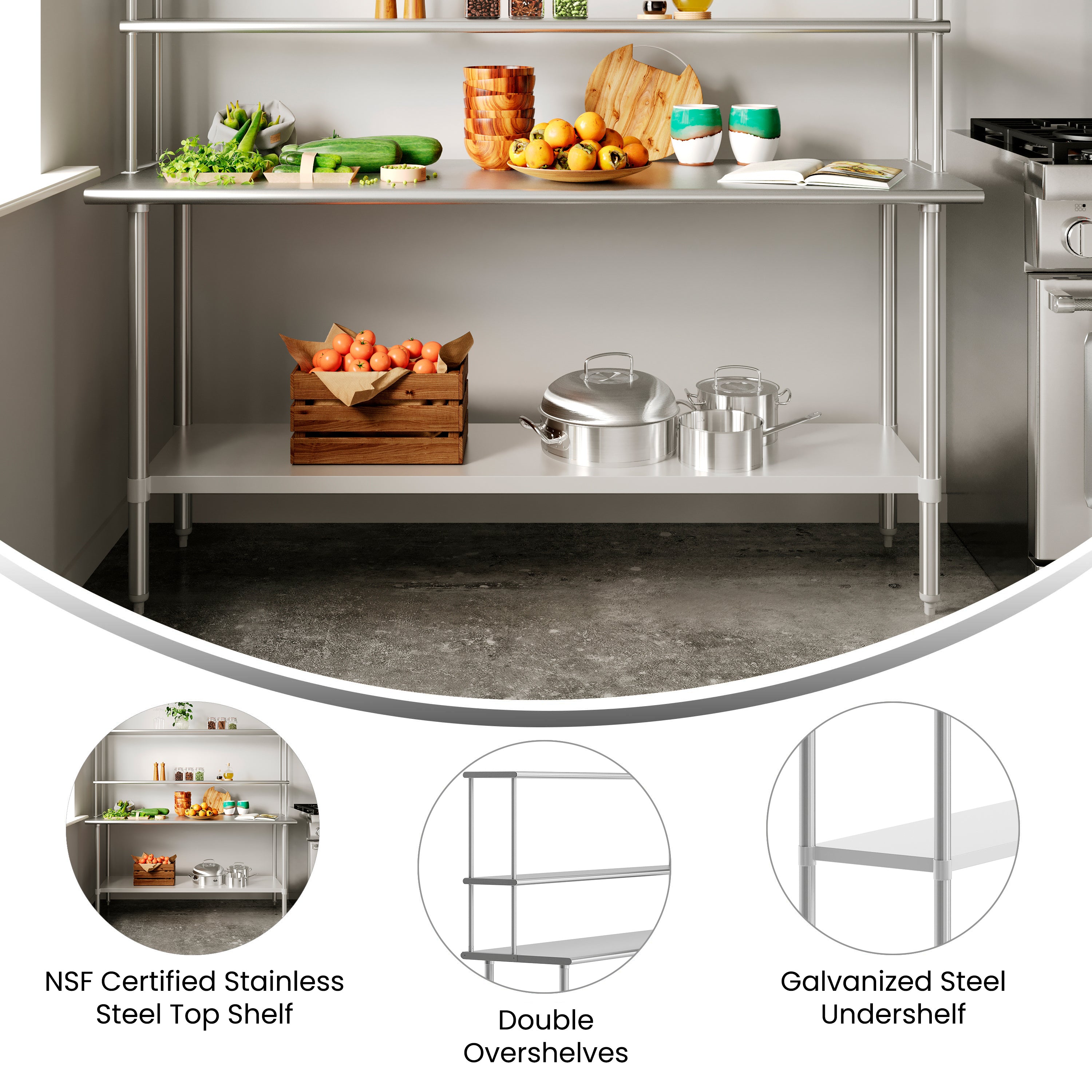 Reese 24x72 Portable Prep and Work Table with NSF Certified 18 Gauge Stainless Steel Top Shelf and Double Overshelves and Galvanized Steel Undershelf