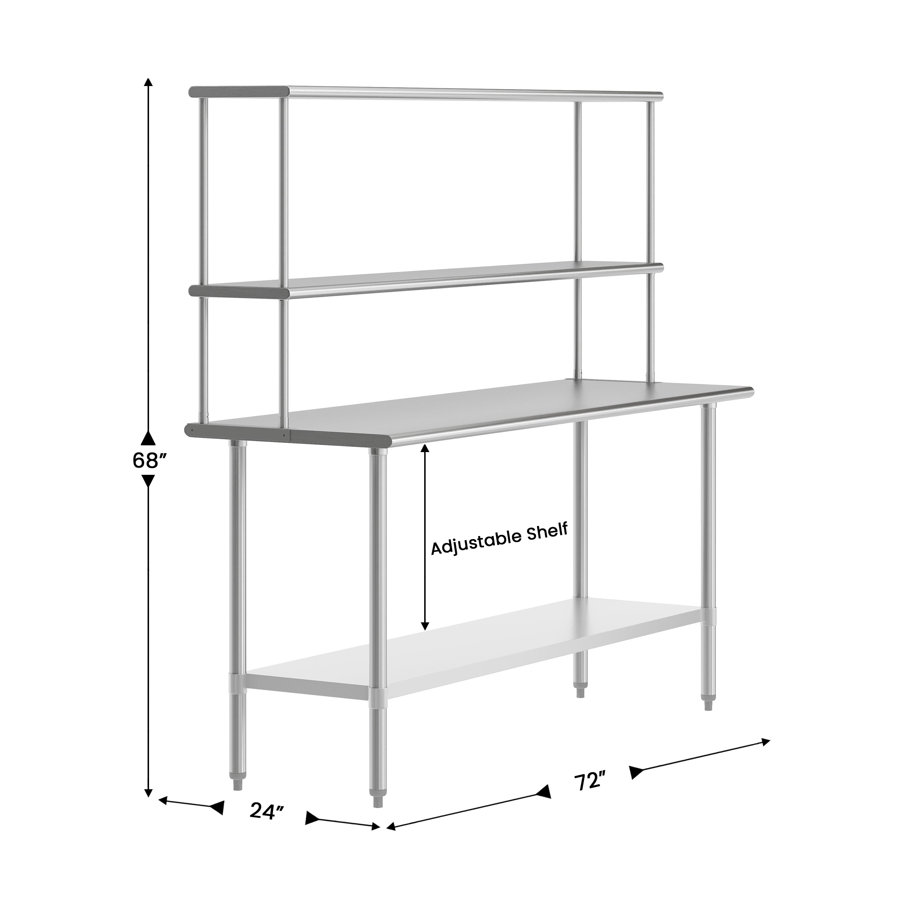 Reese 24x72 Portable Prep and Work Table with NSF Certified 18 Gauge Stainless Steel Top Shelf and Double Overshelves and Galvanized Steel Undershelf