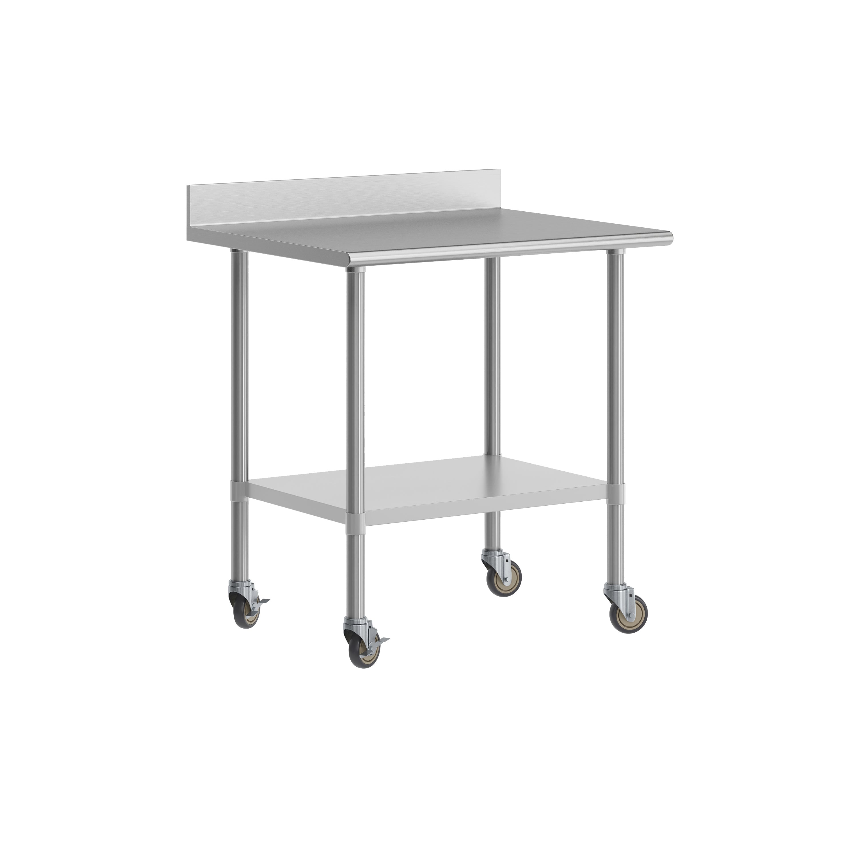 Reese 30" x 36" Prep and Work Table with NSF Certified Stainless Steel Top Shelf, 4" Backsplash, Adjustable Galvanized Steel Undershelf, 4 Casters