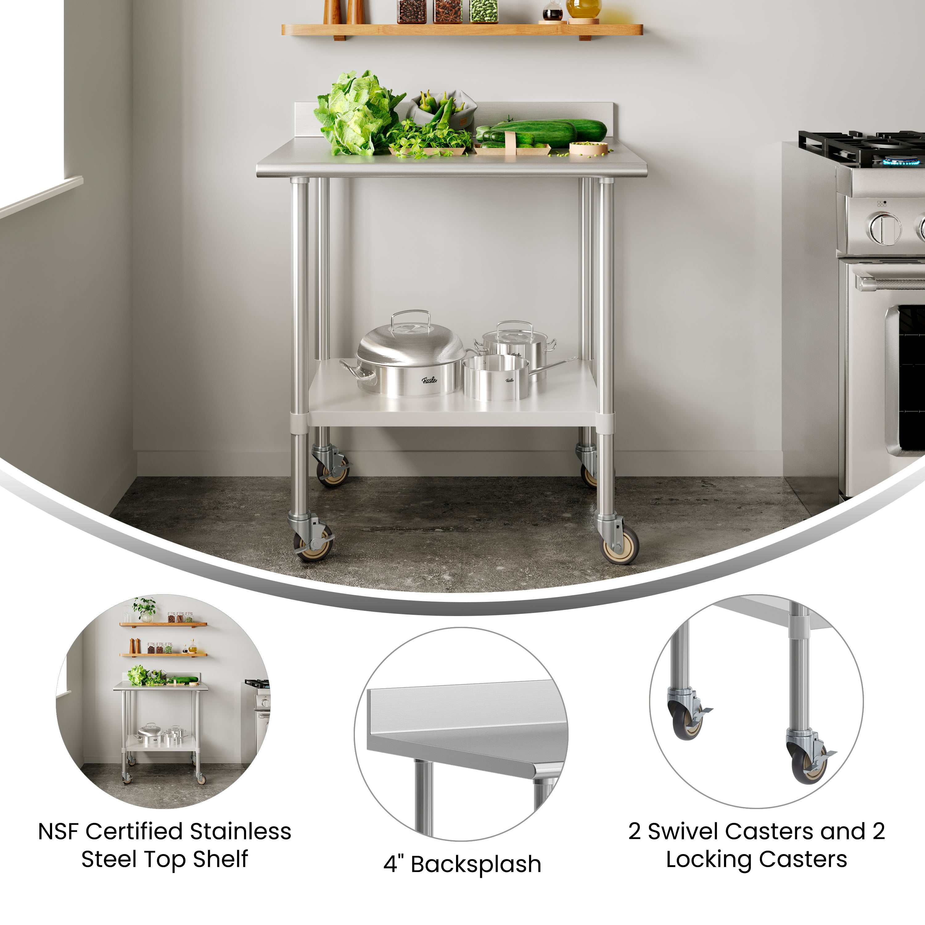 Reese 30" x 36" Prep and Work Table with NSF Certified Stainless Steel Top Shelf, 4" Backsplash, Adjustable Galvanized Steel Undershelf, 4 Casters