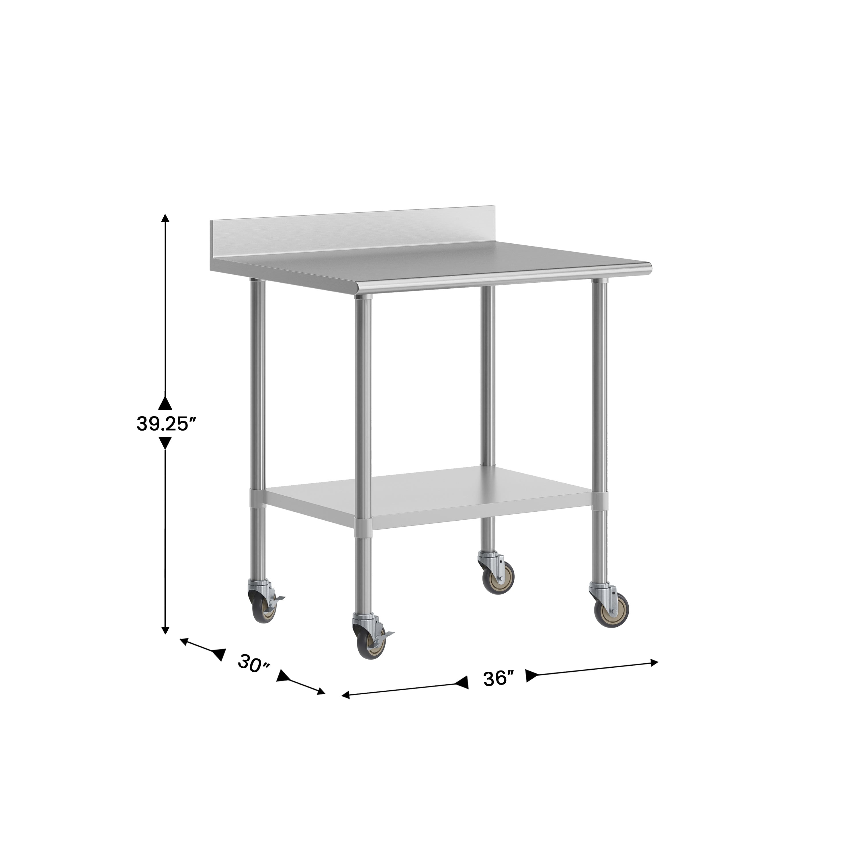 Reese 30" x 36" Prep and Work Table with NSF Certified Stainless Steel Top Shelf, 4" Backsplash, Adjustable Galvanized Steel Undershelf, 4 Casters