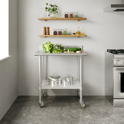 Reese 30" x 36" Prep and Work Table with NSF Certified Stainless Steel Top Shelf, 4" Backsplash, Adjustable Galvanized Steel Undershelf, 4 Casters