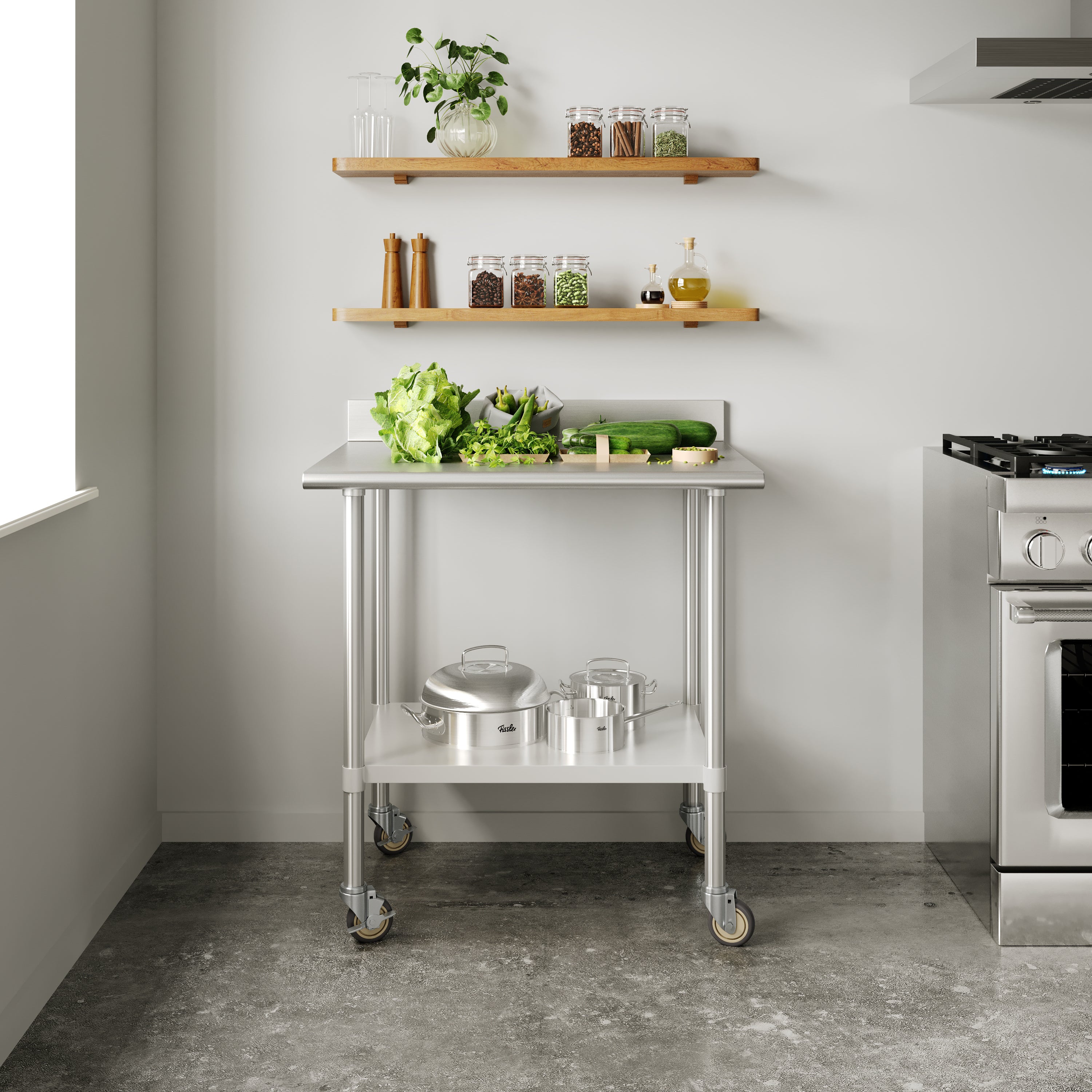 Reese 30" x 36" Prep and Work Table with NSF Certified Stainless Steel Top Shelf, 4" Backsplash, Adjustable Galvanized Steel Undershelf, 4 Casters
