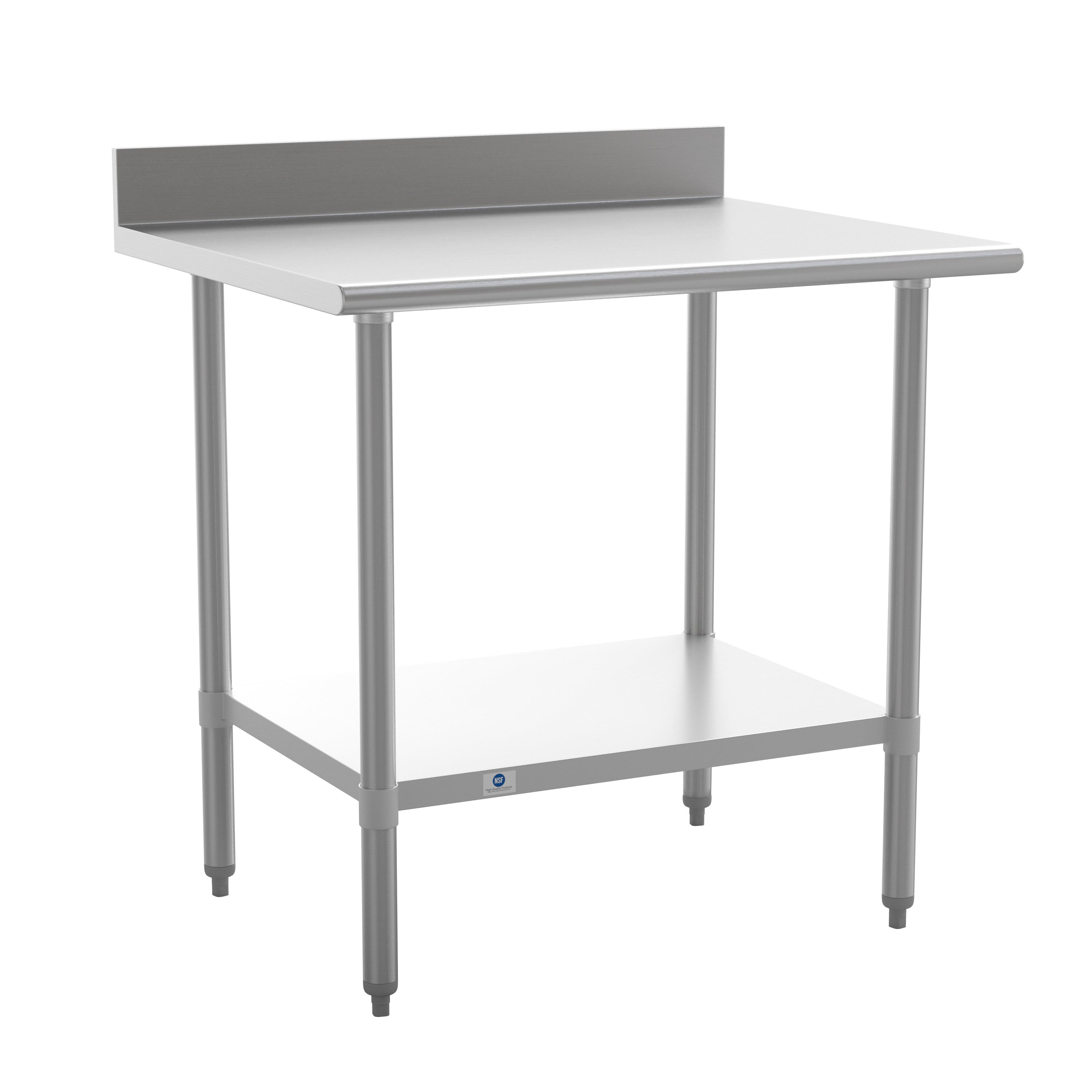 Reese Commercial Grade 430 Stainless Steel 18 Gauge NSF Certified 30" x 36" Kitchen Prep and Work Table with Adjustable Shelf and 4" Backsplash