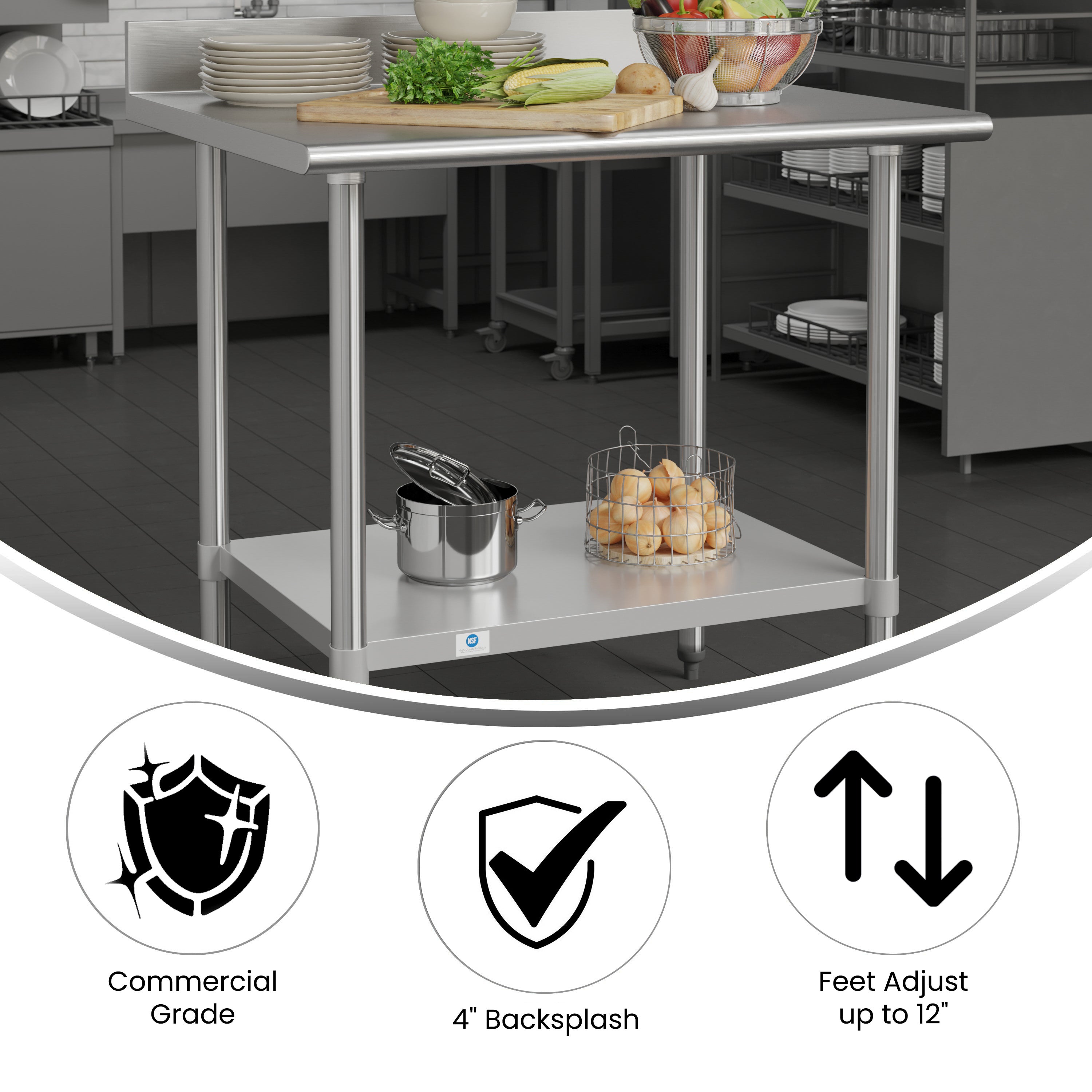 Reese Commercial Grade 430 Stainless Steel 18 Gauge NSF Certified 30" x 36" Kitchen Prep and Work Table with Adjustable Shelf and 4" Backsplash