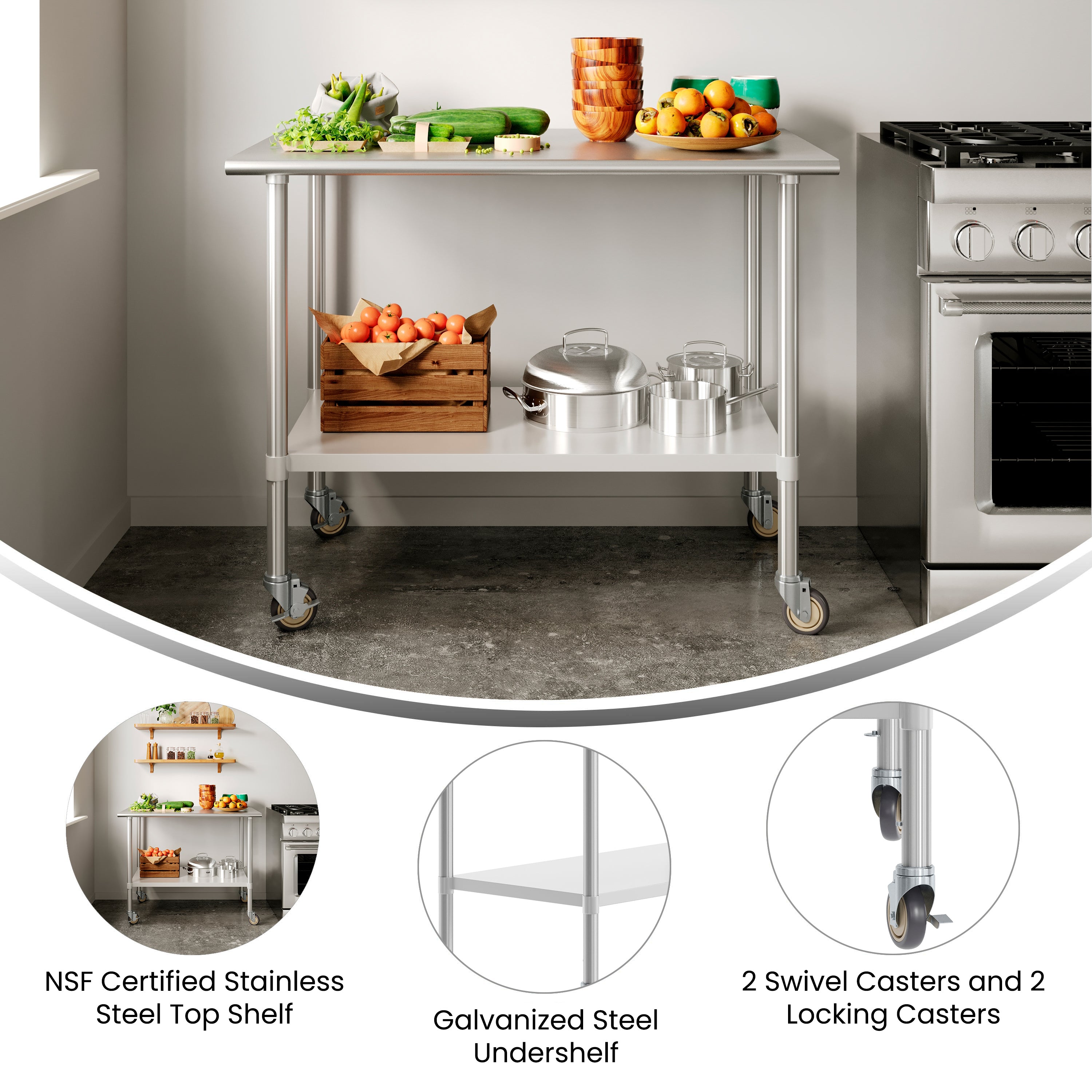 Reese 30x48 Portable Prep and Work Table with NSF Certified 18 Gauge Stainless Steel Top Shelf, Galvanized Steel Undershelf, 4 Casters with 2 Locking