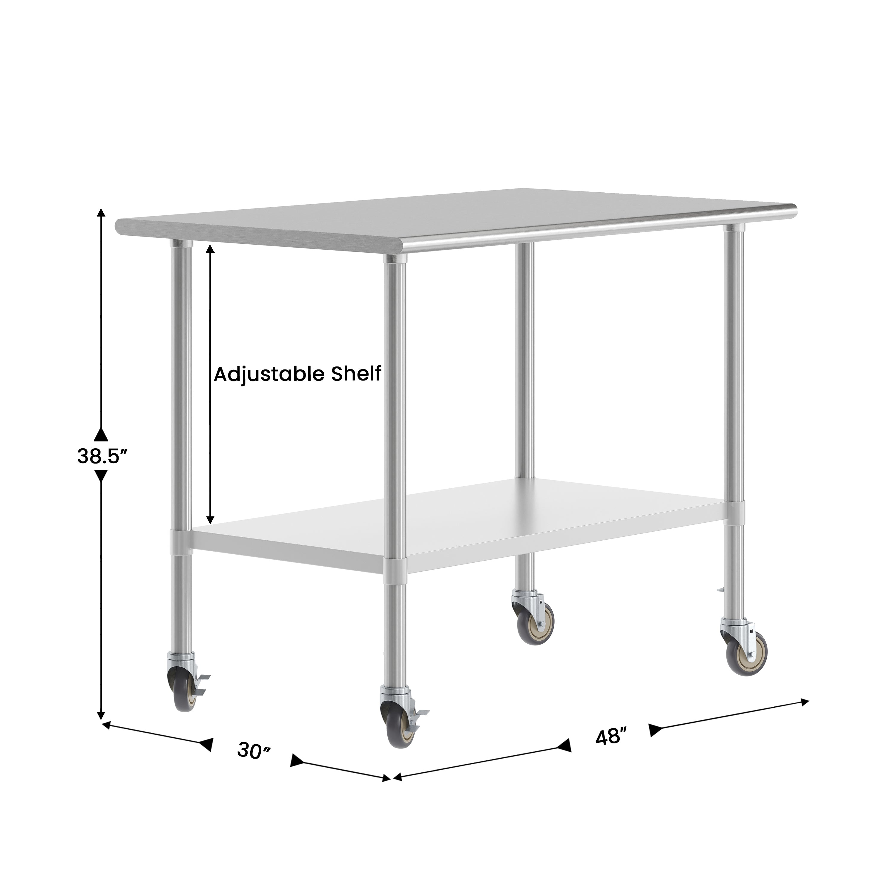 Reese 30x48 Portable Prep and Work Table with NSF Certified 18 Gauge Stainless Steel Top Shelf, Galvanized Steel Undershelf, 4 Casters with 2 Locking