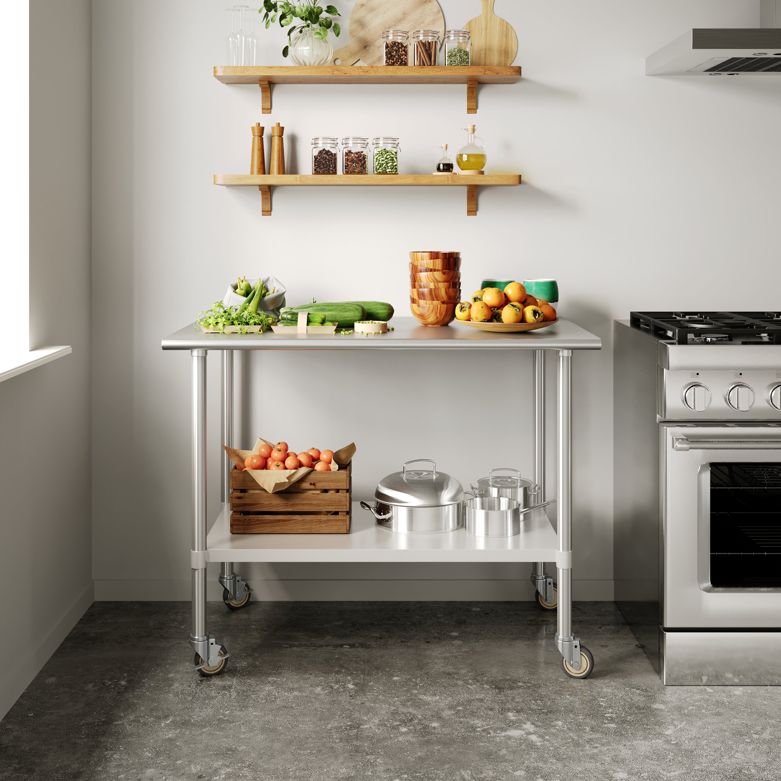 Reese 30x48 Portable Prep and Work Table with NSF Certified 18 Gauge Stainless Steel Top Shelf, Galvanized Steel Undershelf, 4 Casters with 2 Locking