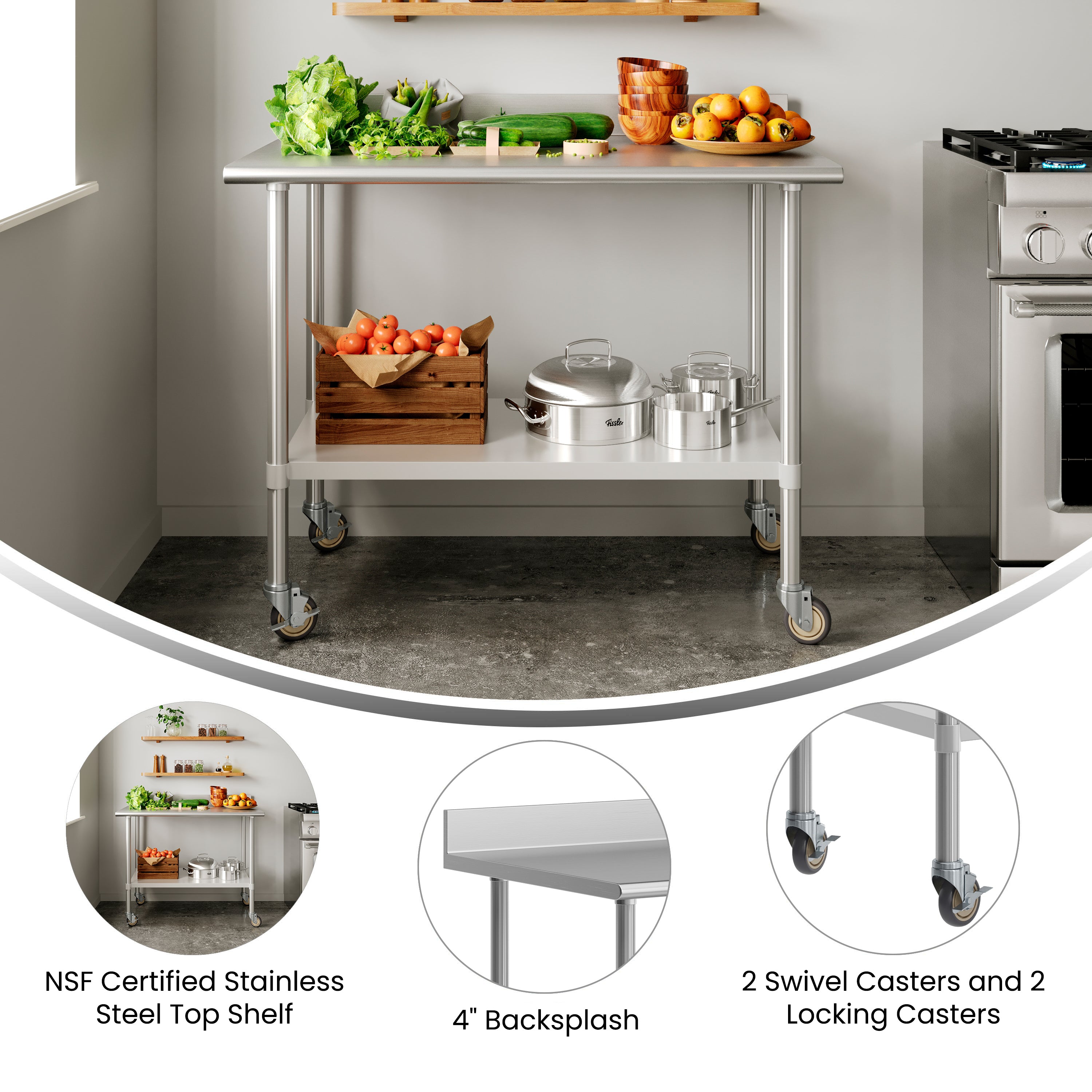 Reese 30" x 48" Prep and Work Table with NSF Certified Stainless Steel Top Shelf, 4" Backsplash, Adjustable Galvanized Steel Undershelf, 4 Casters