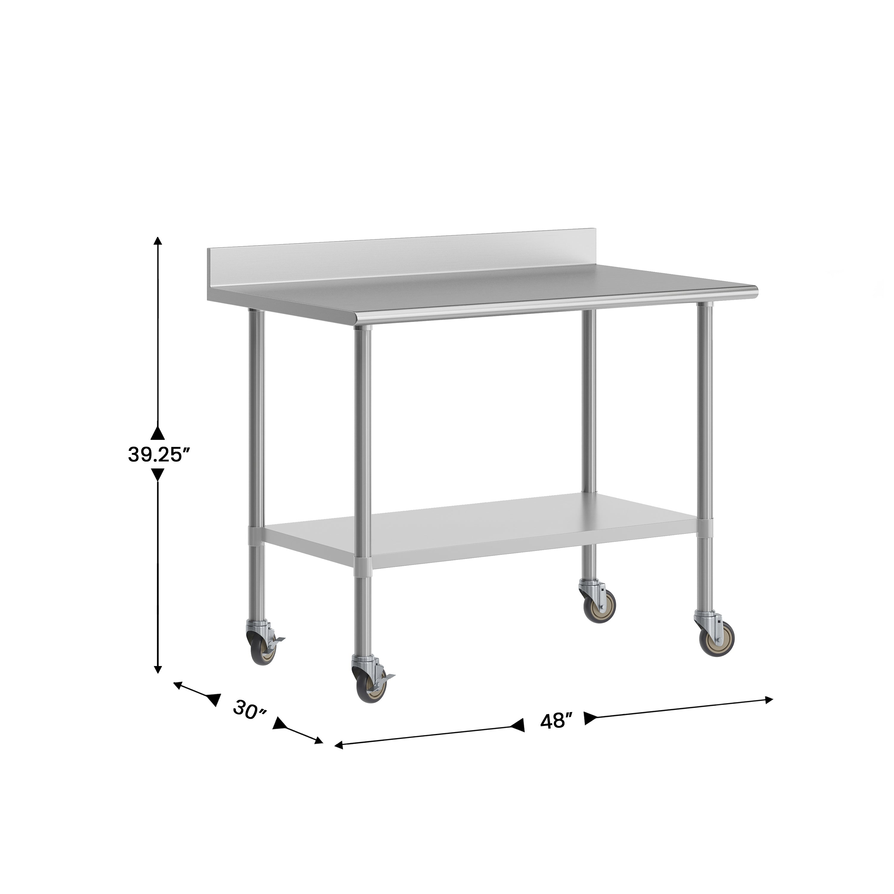 Reese 30" x 48" Prep and Work Table with NSF Certified Stainless Steel Top Shelf, 4" Backsplash, Adjustable Galvanized Steel Undershelf, 4 Casters