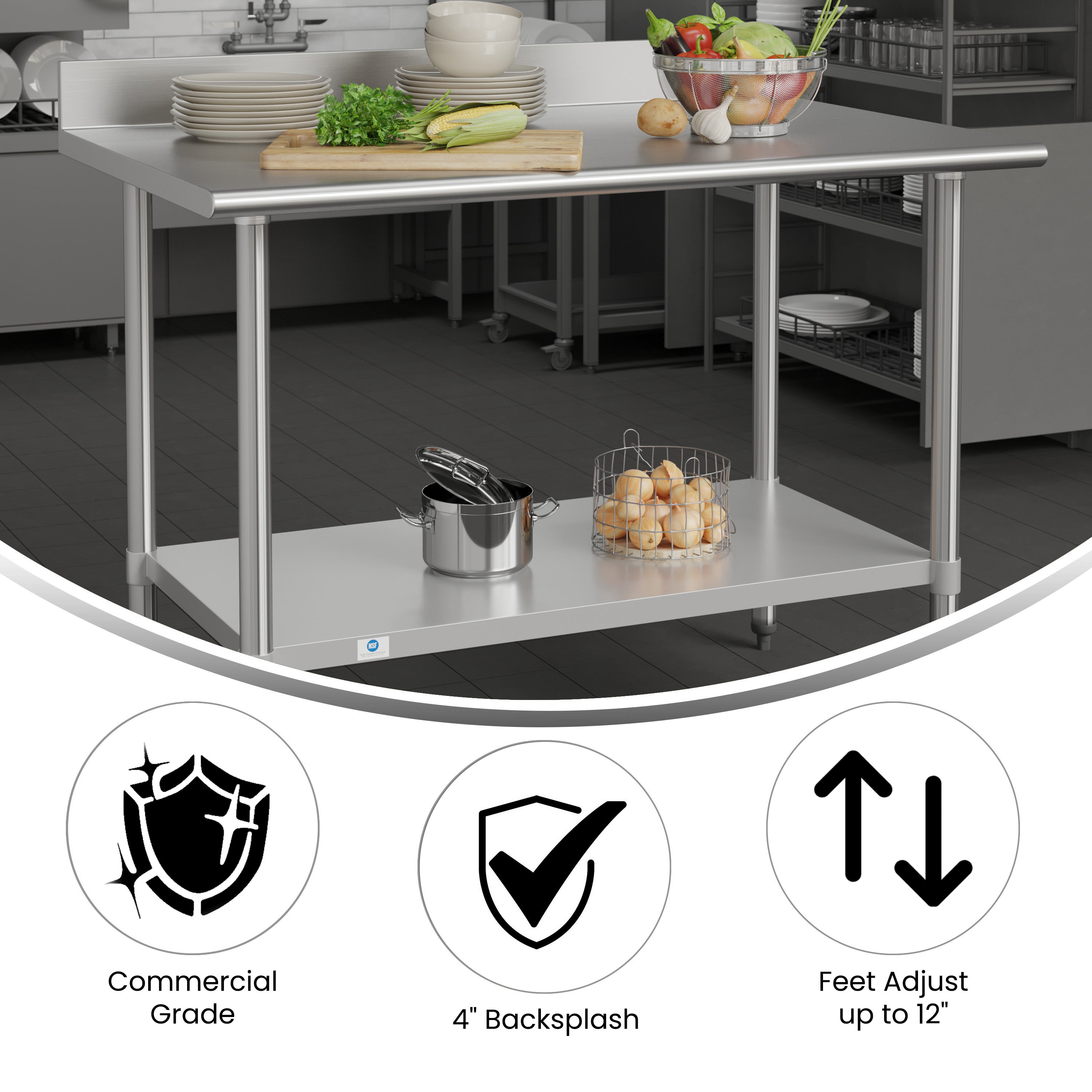 Reese Commercial Grade 430 Stainless Steel 18 Gauge NSF Certified 30" x 48" Kitchen Prep and Work Table with Adjustable Shelf and 4" Backsplash