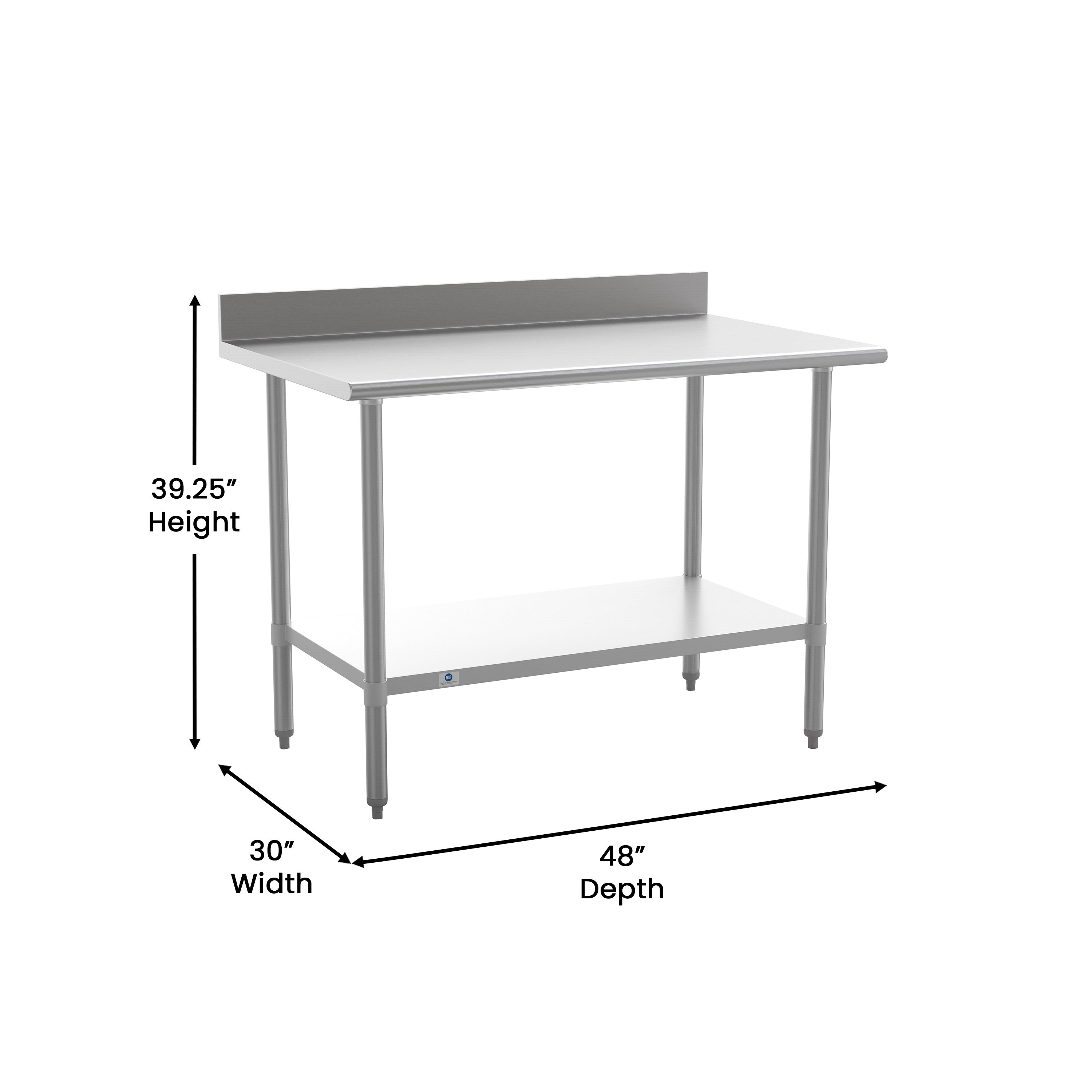 Reese Commercial Grade 430 Stainless Steel 18 Gauge NSF Certified 30" x 48" Kitchen Prep and Work Table with Adjustable Shelf and 4" Backsplash