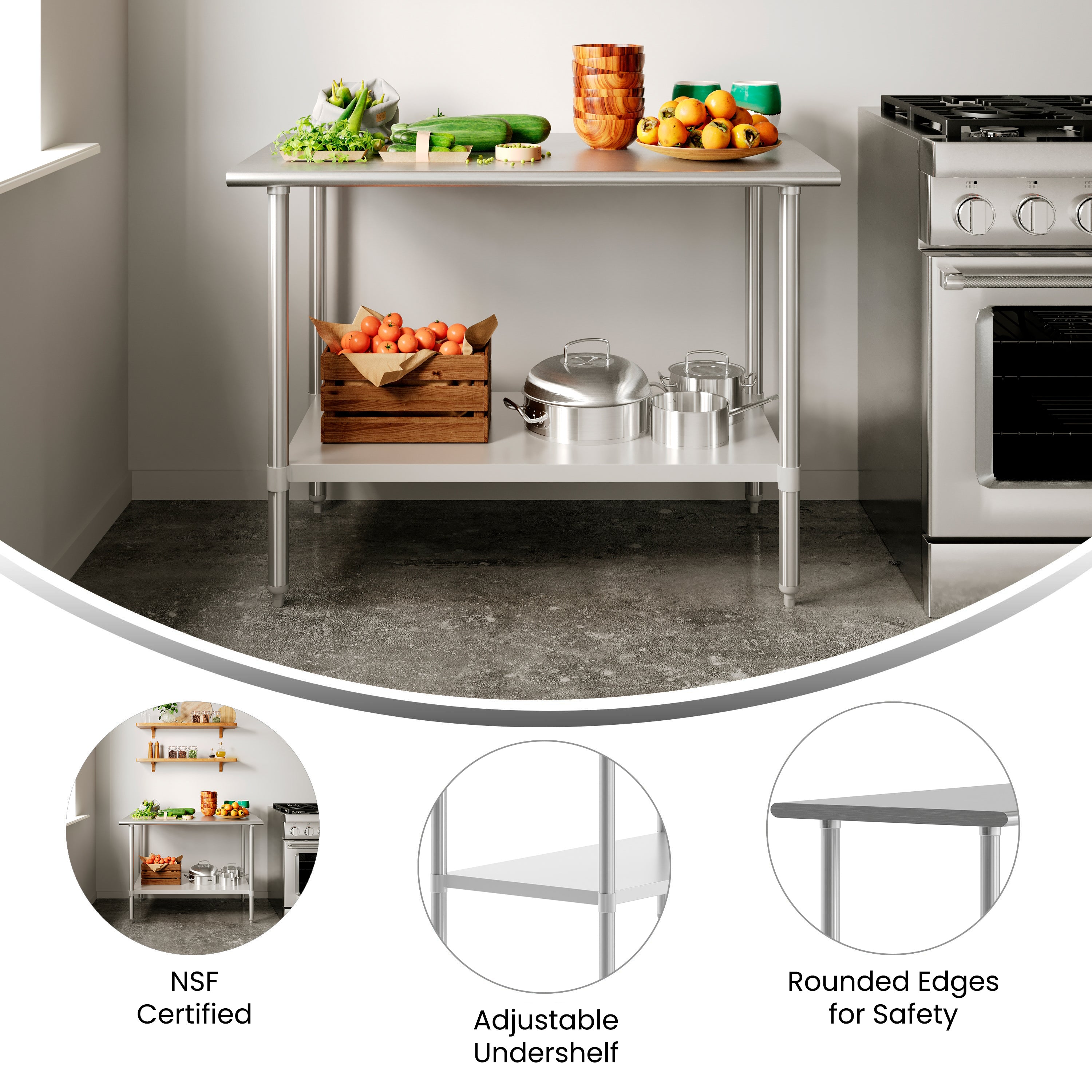 Reese 30x48 Portable Prep and Work Table with NSF Certified 18 Gauge Stainless Steel Top Shelf and Adjustable Galvanized Steel Undershelf