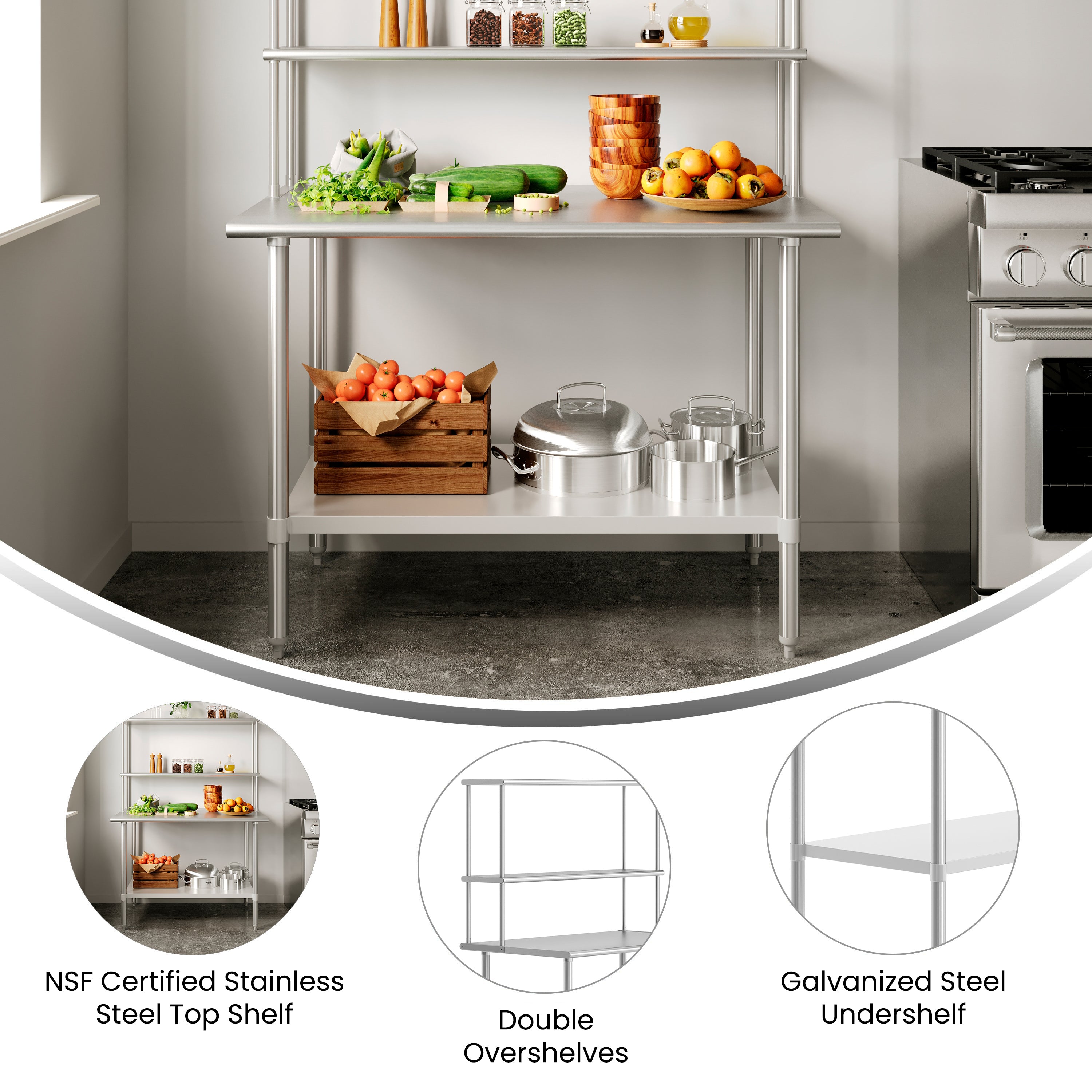 Reese 30x48 Portable Prep and Work Table with NSF Certified 18 Gauge Stainless Steel Top Shelf and Double Overshelves and Galvanized Steel Undershelf