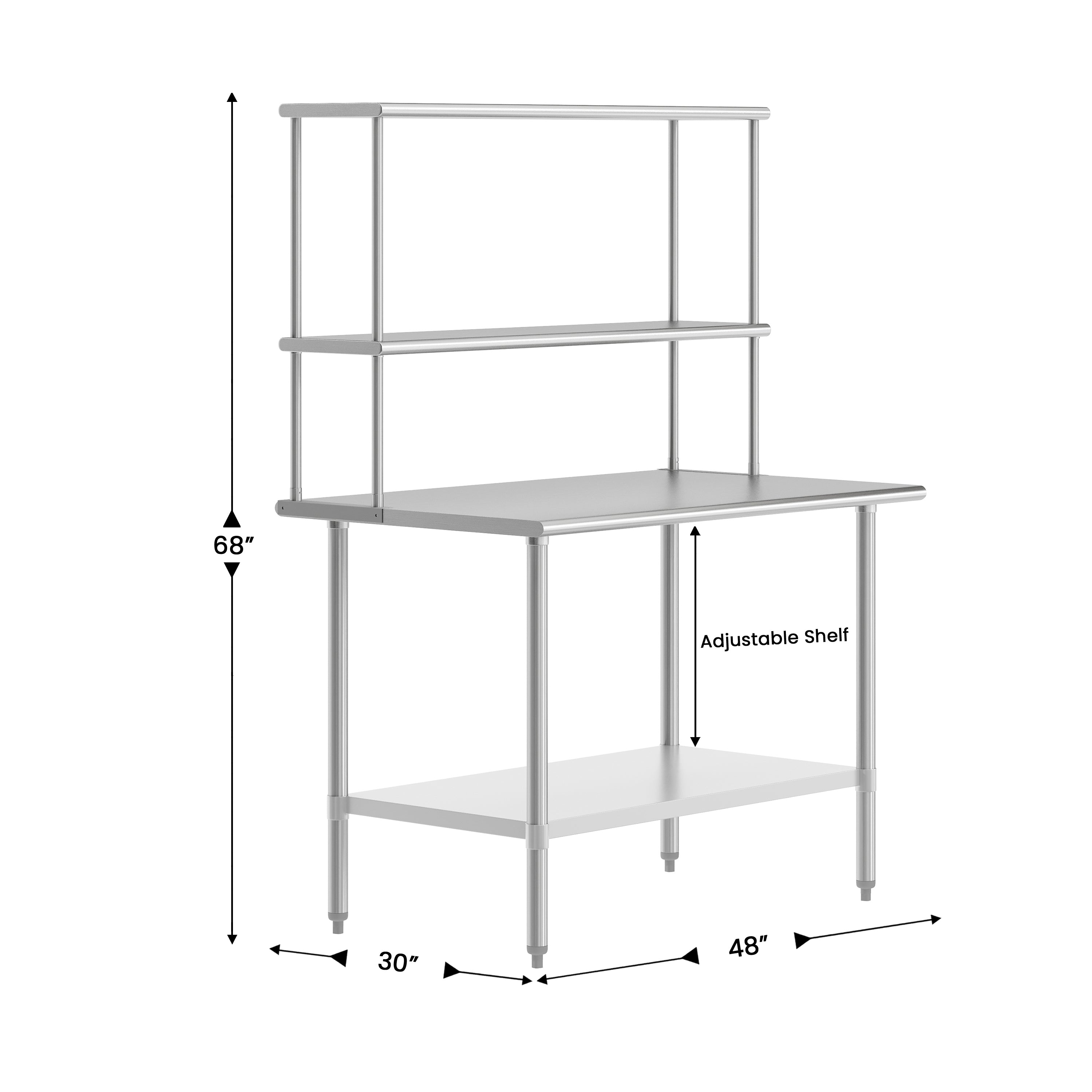 Reese 30x48 Portable Prep and Work Table with NSF Certified 18 Gauge Stainless Steel Top Shelf and Double Overshelves and Galvanized Steel Undershelf