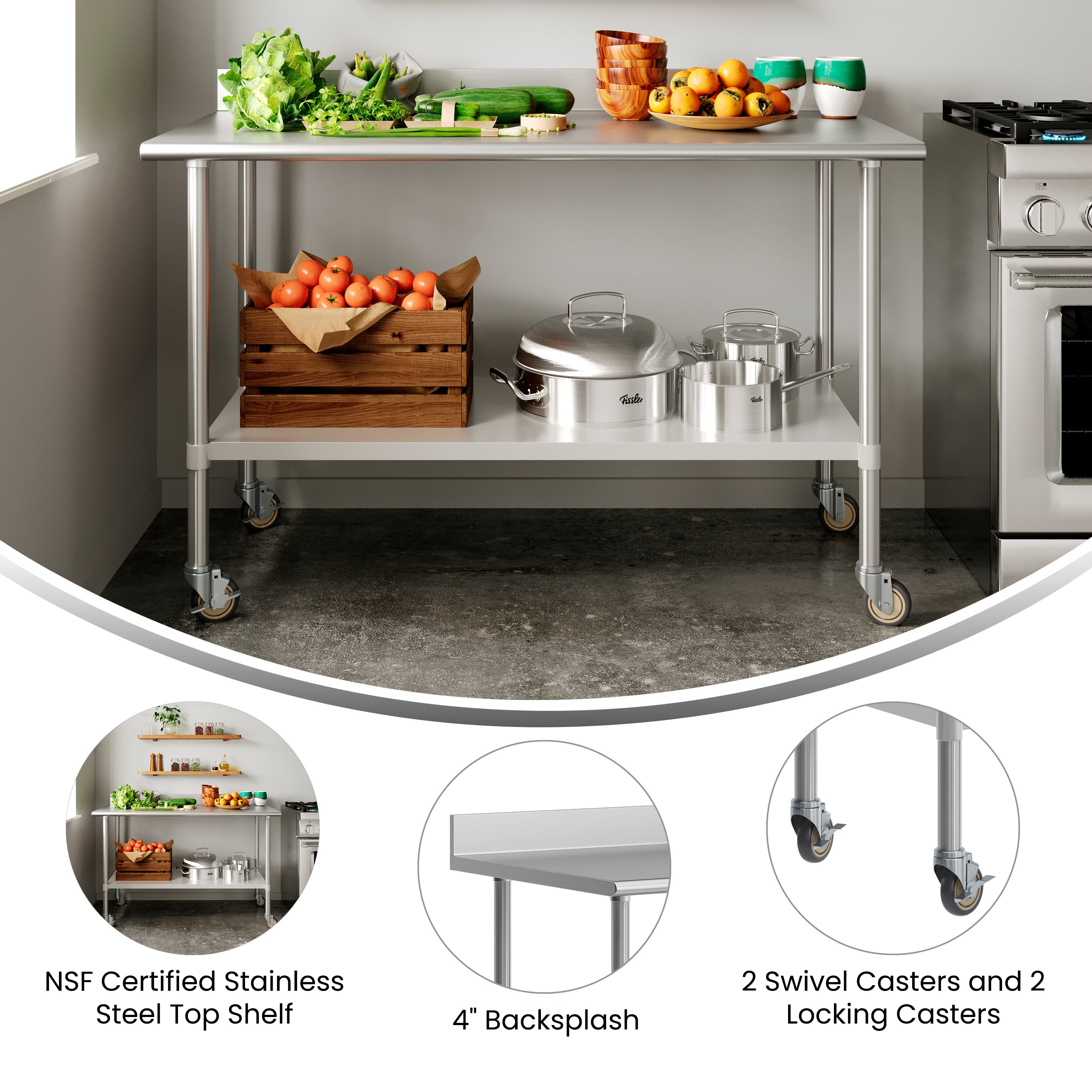 Reese 30" x 60" Prep and Work Table with NSF Certified Stainless Steel Top Shelf, 4" Backsplash, Adjustable Galvanized Steel Undershelf, 4 Casters